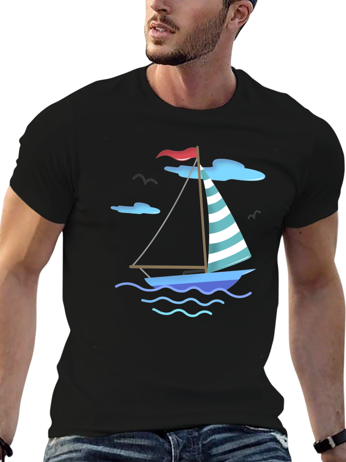 Nautical Sailboat Graphic Tee - Black Cotton T-Shirt