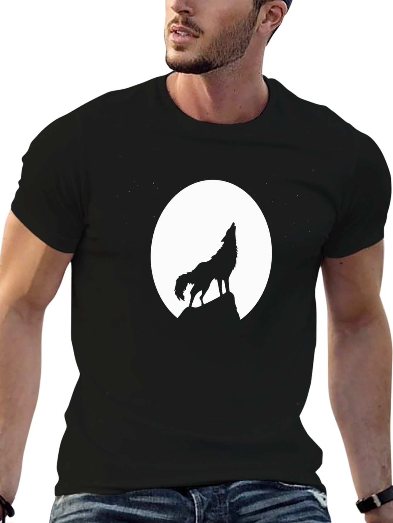 Wolf Howling at Moon Black T-Shirt