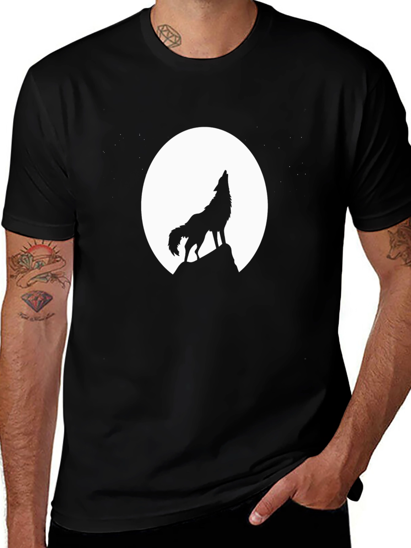 Wolf Howling at Moon Black T-Shirt