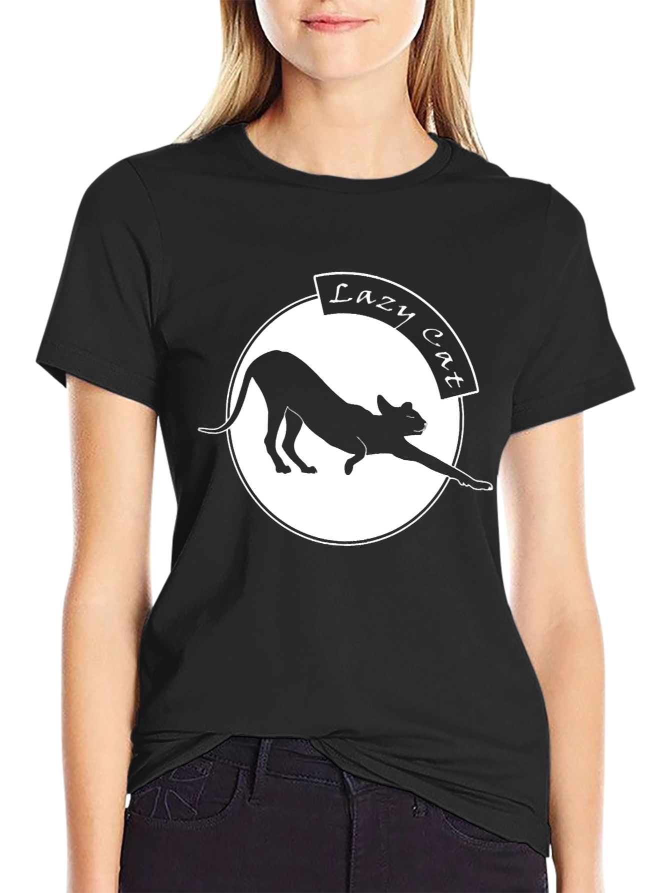 Lazy Cat Graphic Tee - Black Crew Neck