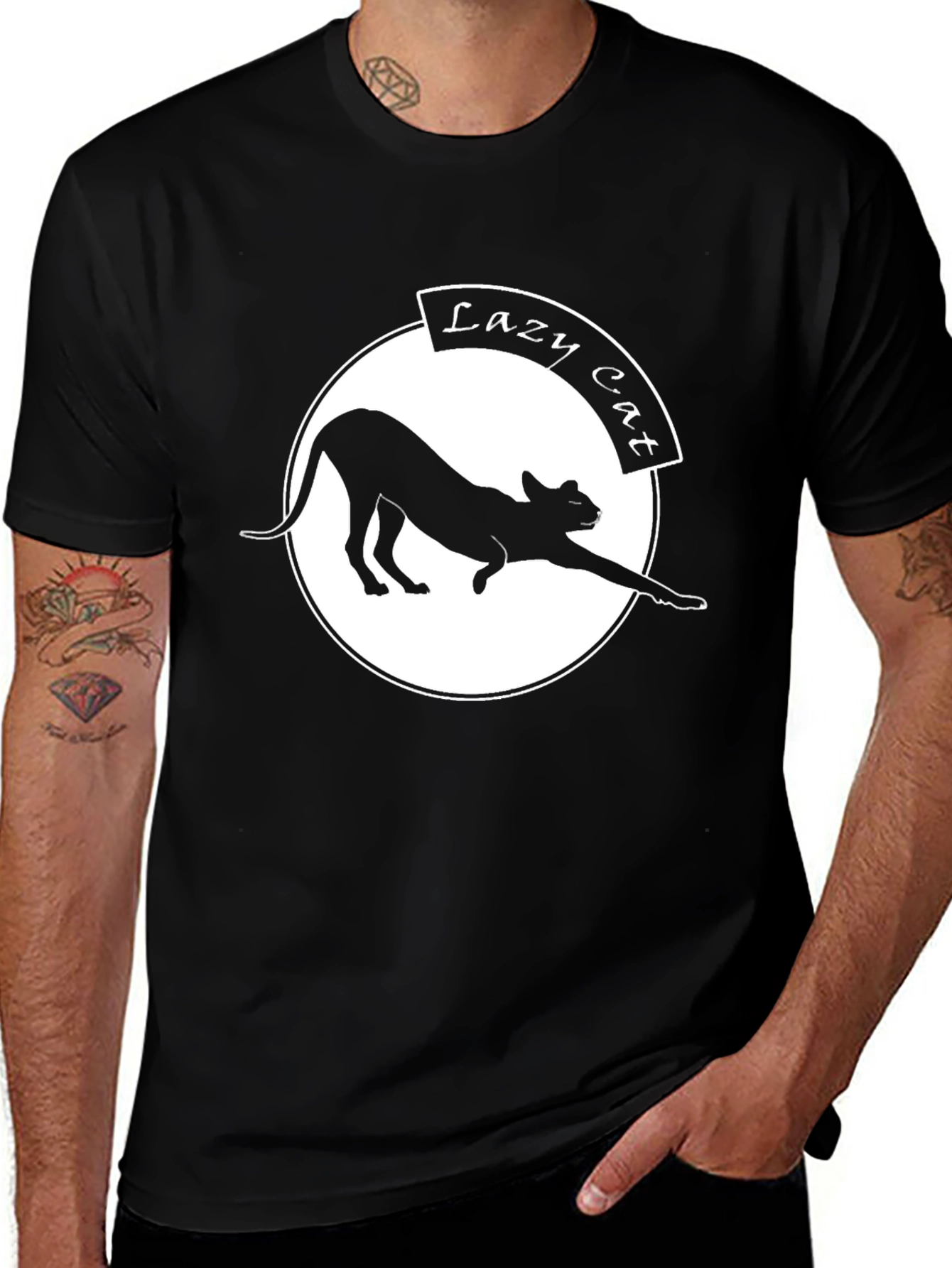 Lazy Cat Graphic Tee - Black Crew Neck