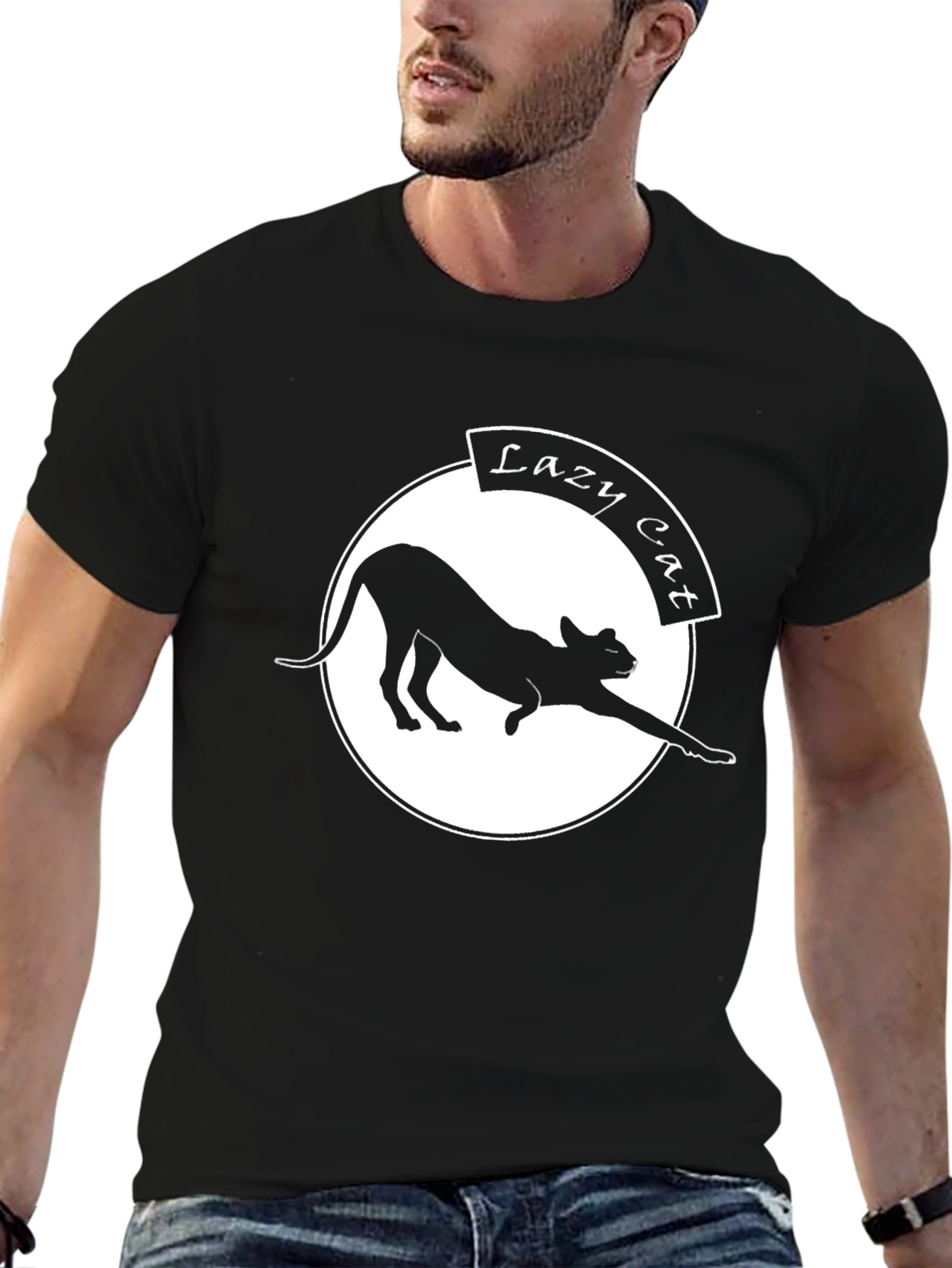 Lazy Cat Graphic Tee - Black Crew Neck