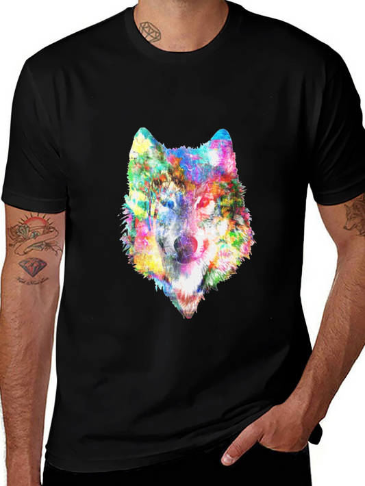Colorful Wolf Graphic Black T-Shirt
