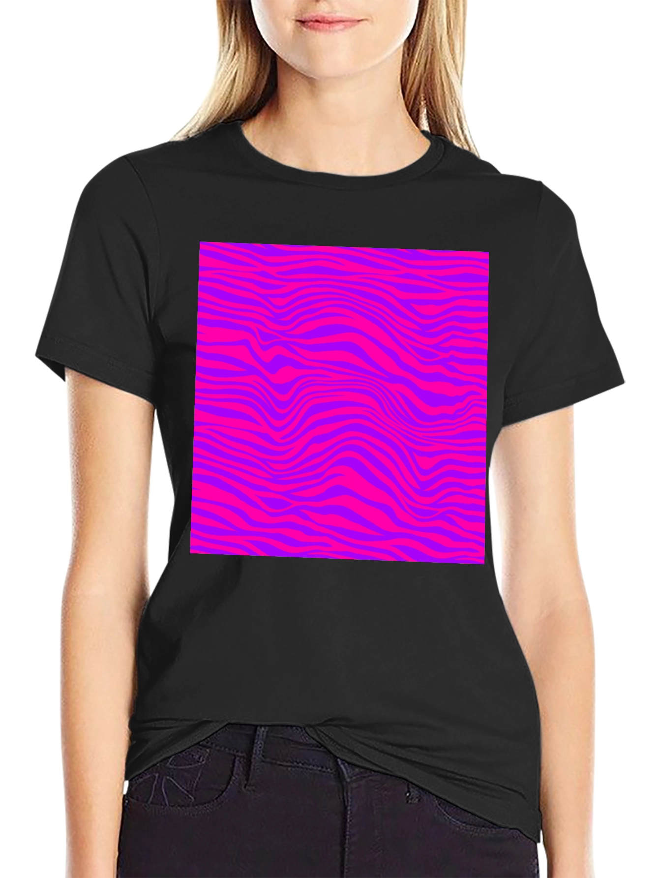 Vibrant Pink & Purple Wave Pattern Black Tee