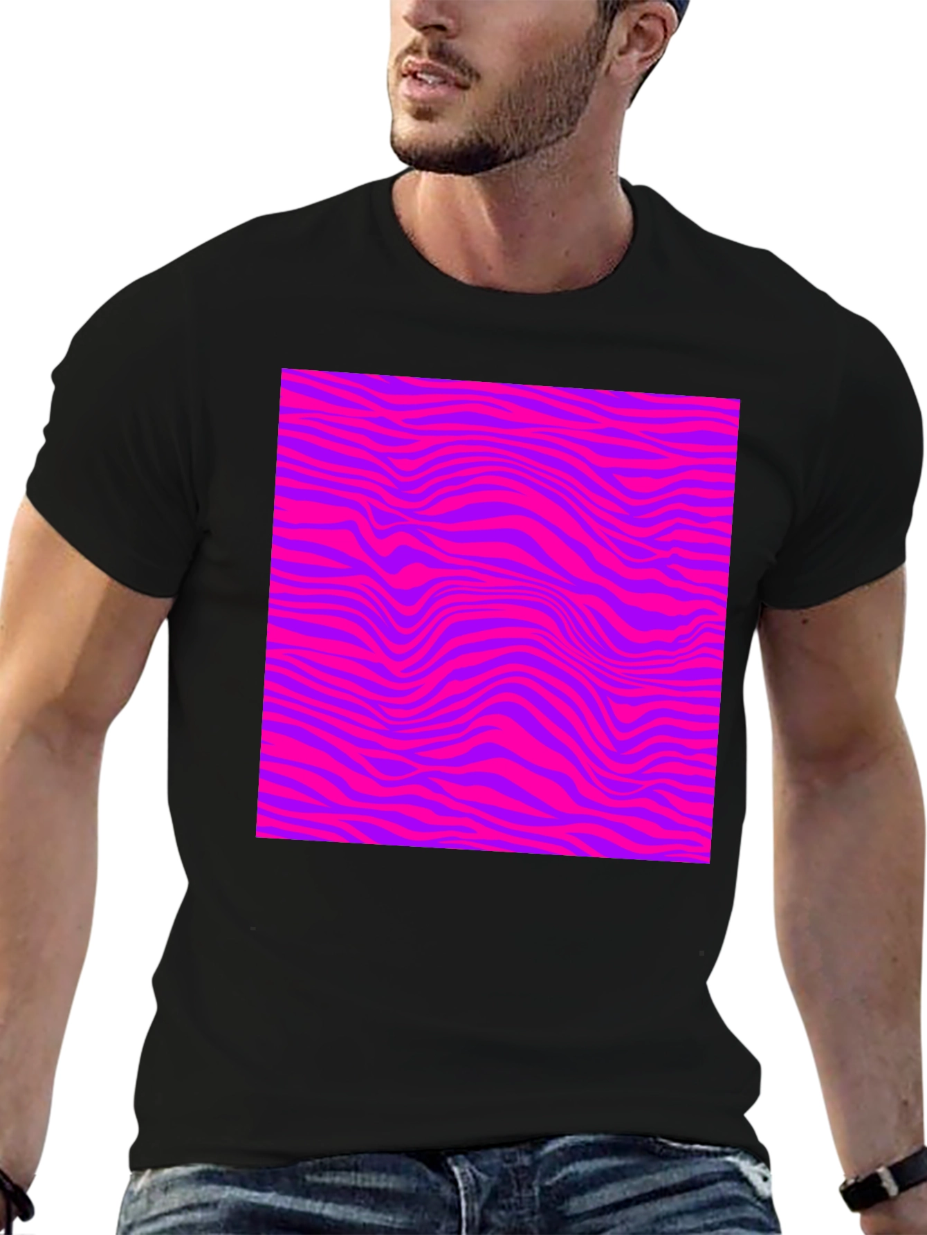 Vibrant Pink & Purple Wave Pattern Black Tee