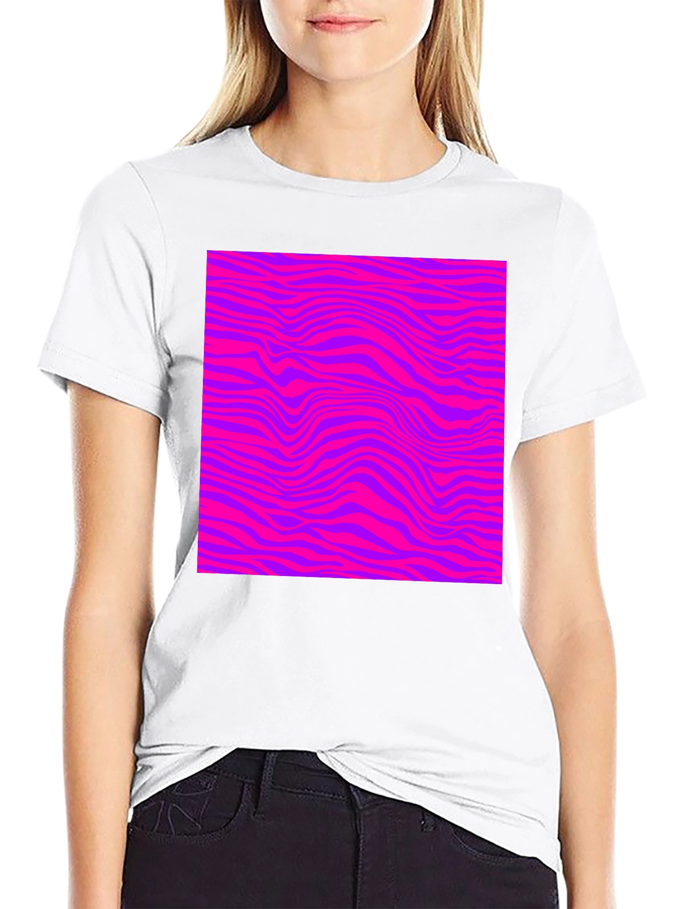 Vibrant Pink & Purple Wave Pattern Black Tee