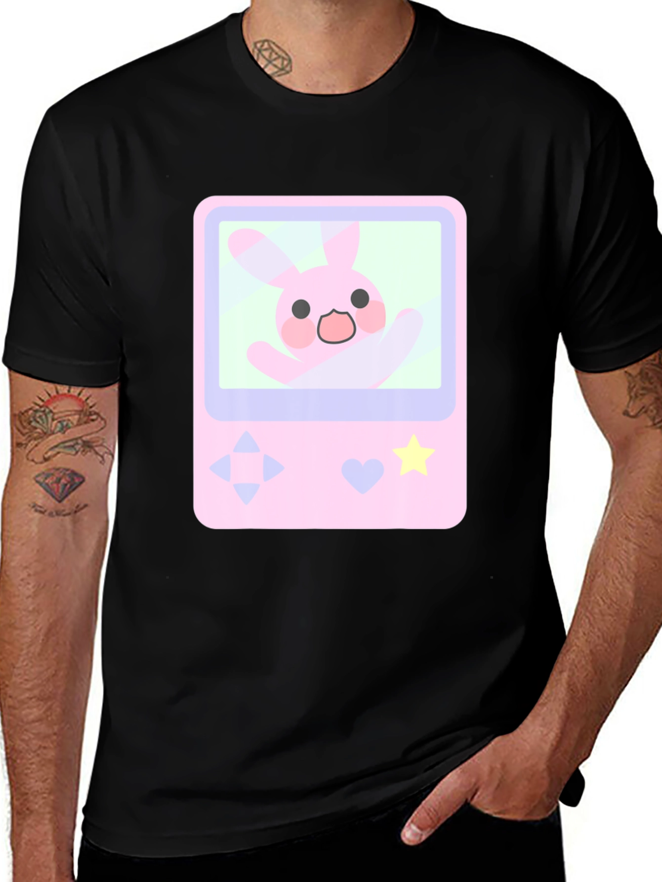 Cute Bunny Game Console Graphic Tee - Black