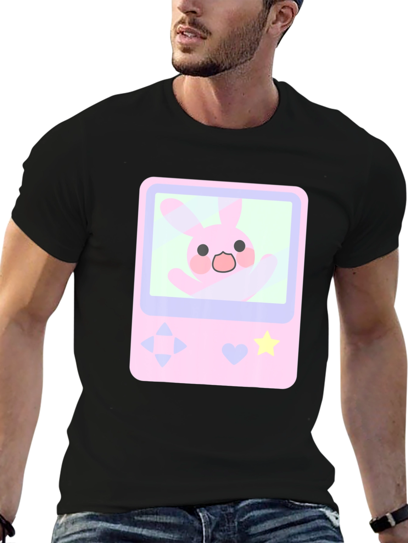 Cute Bunny Game Console Graphic Tee - Black