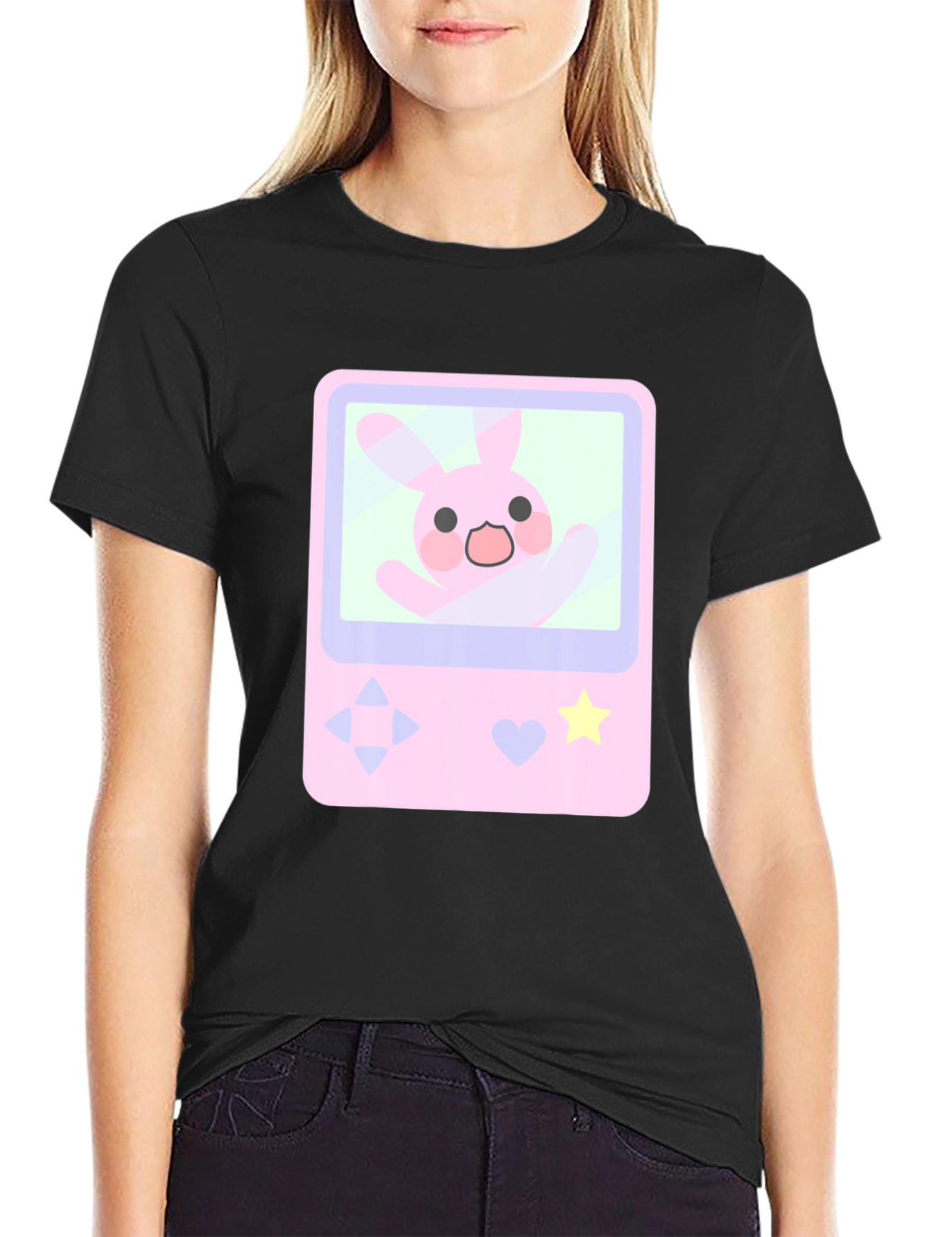 Cute Bunny Game Console Graphic Tee - Black