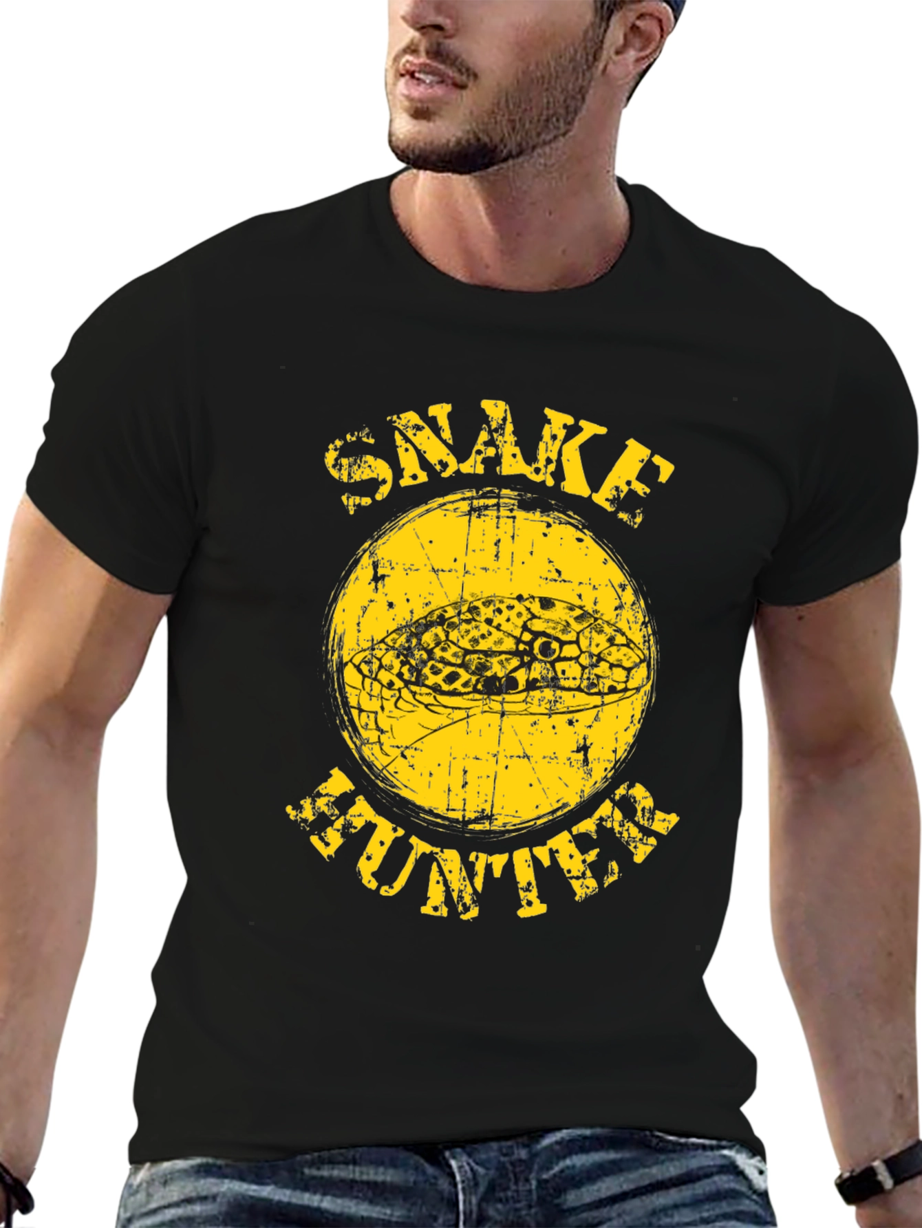 Snake Hunter Graphic T-Shirt - Bold Yellow Design