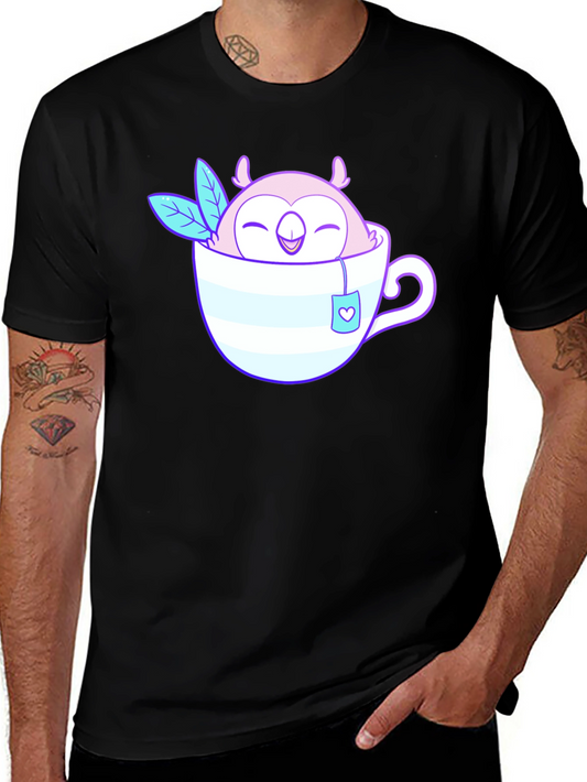 Cute Owl in Teacup Graphic Tee - Black Cotton T-Shirt