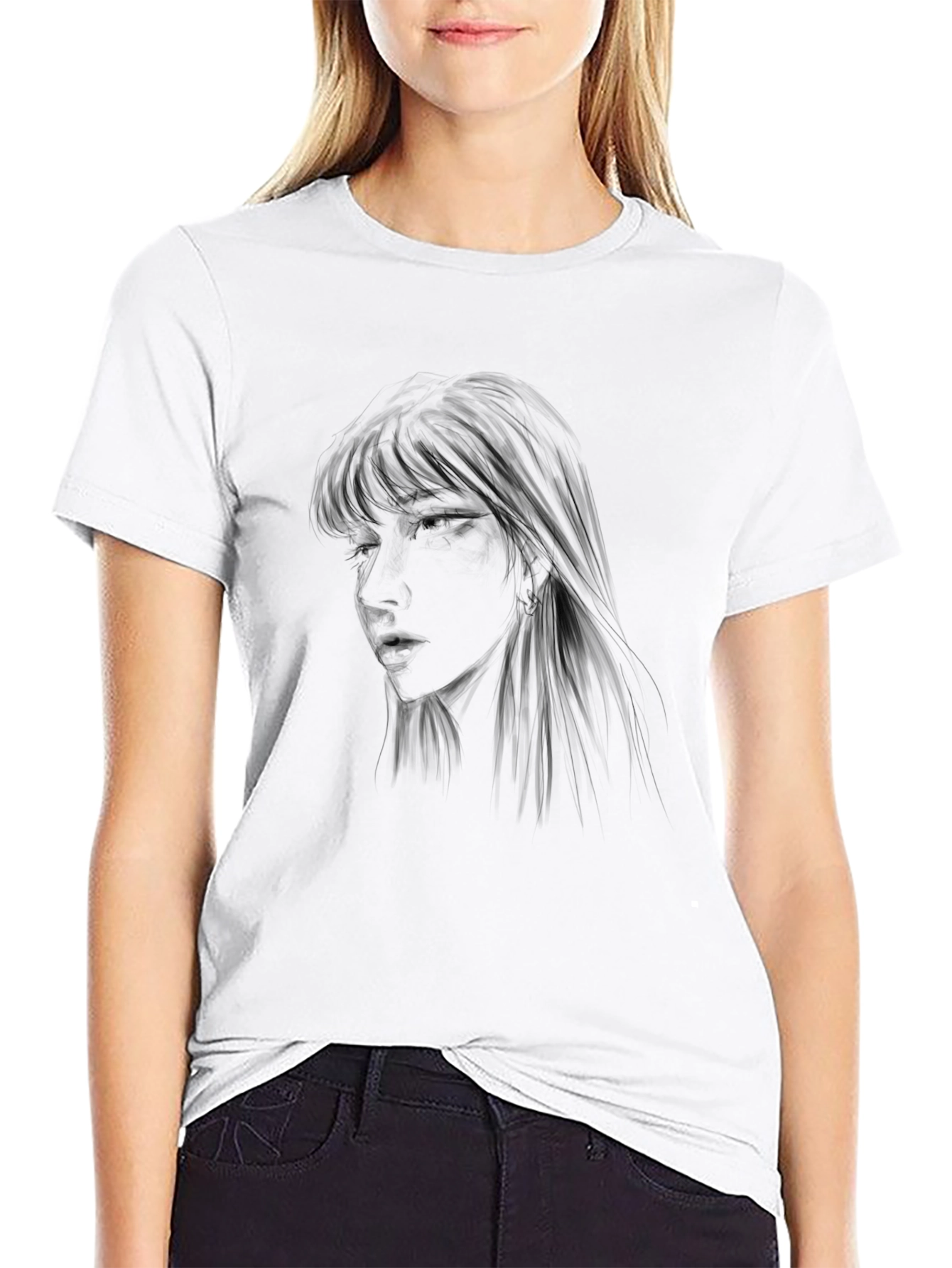 Black Graphic Tee - Anime Girl Design