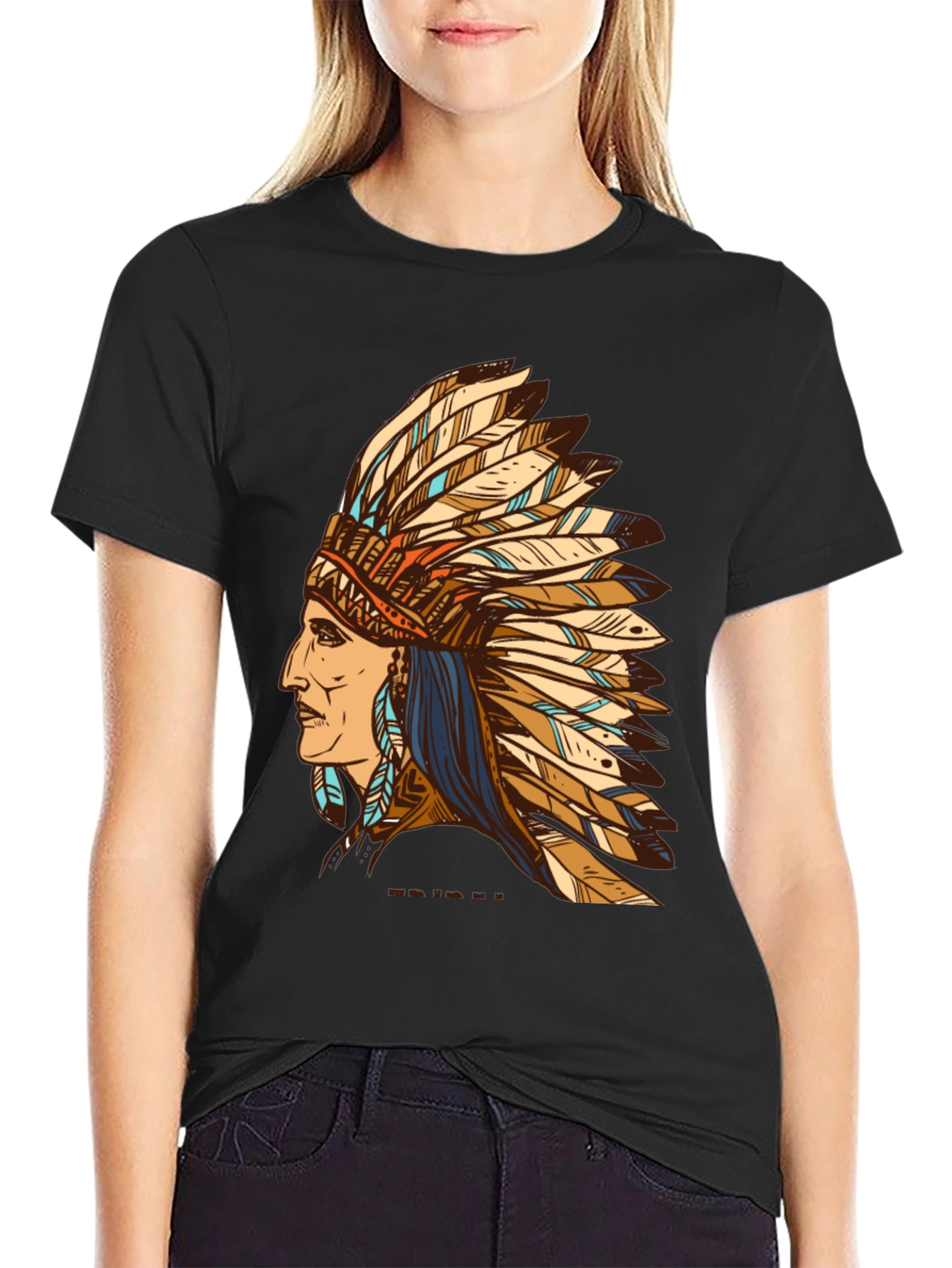 Black Indian Chief Feather Headdress Graphic T-Shirt