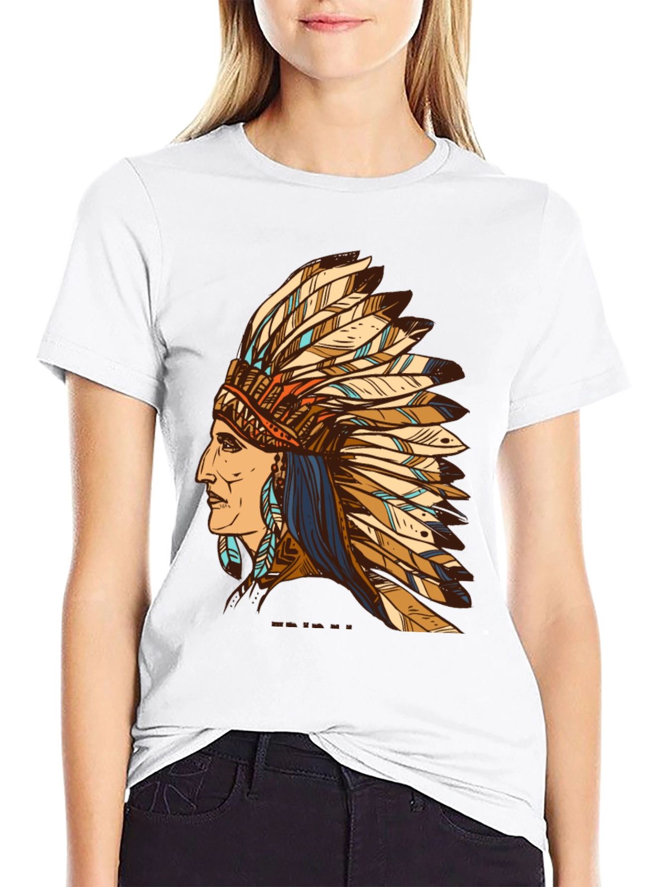 Black Indian Chief Feather Headdress Graphic T-Shirt