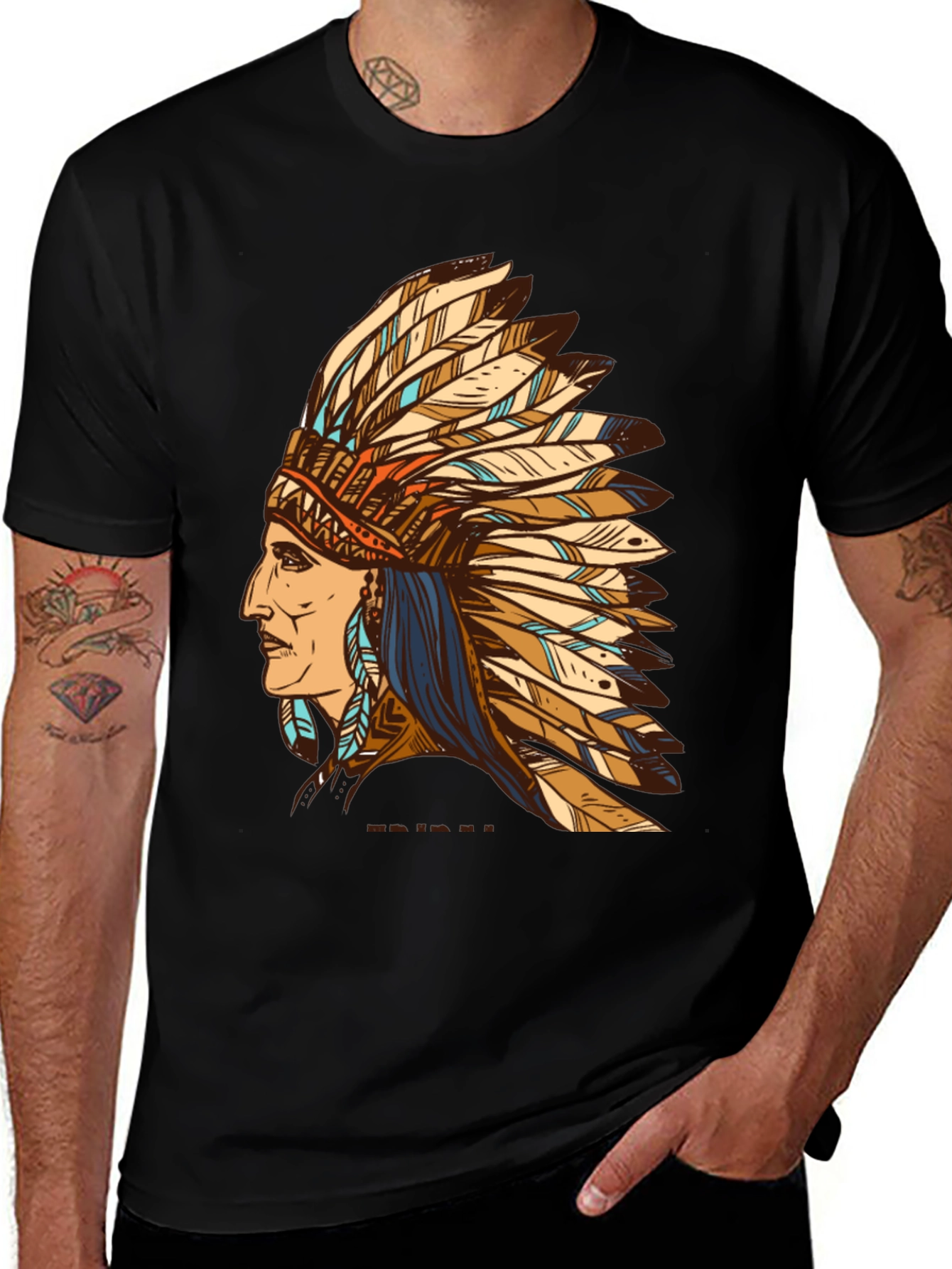 Black Indian Chief Feather Headdress Graphic T-Shirt