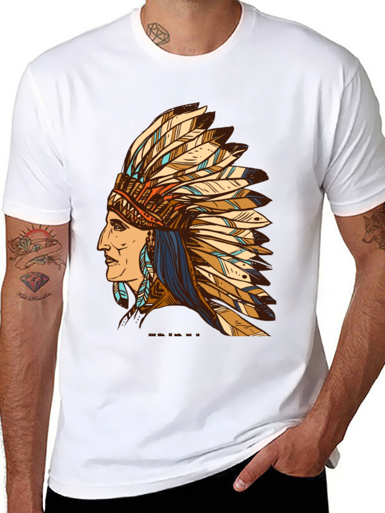 Black Indian Chief Feather Headdress Graphic T-Shirt