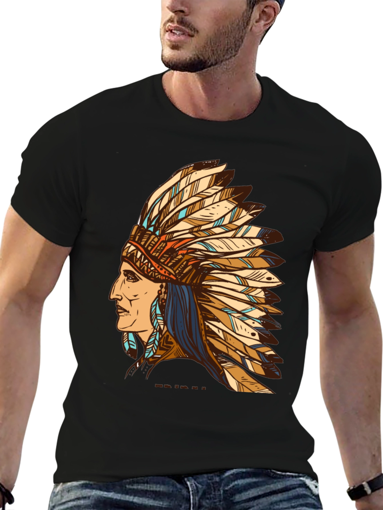 Black Indian Chief Feather Headdress Graphic T-Shirt