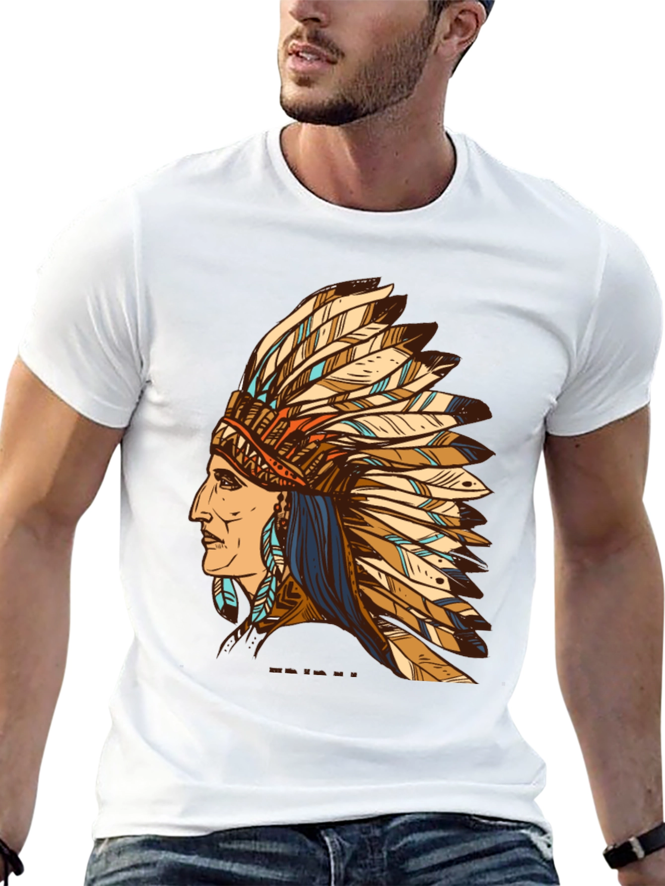 Black Indian Chief Feather Headdress Graphic T-Shirt