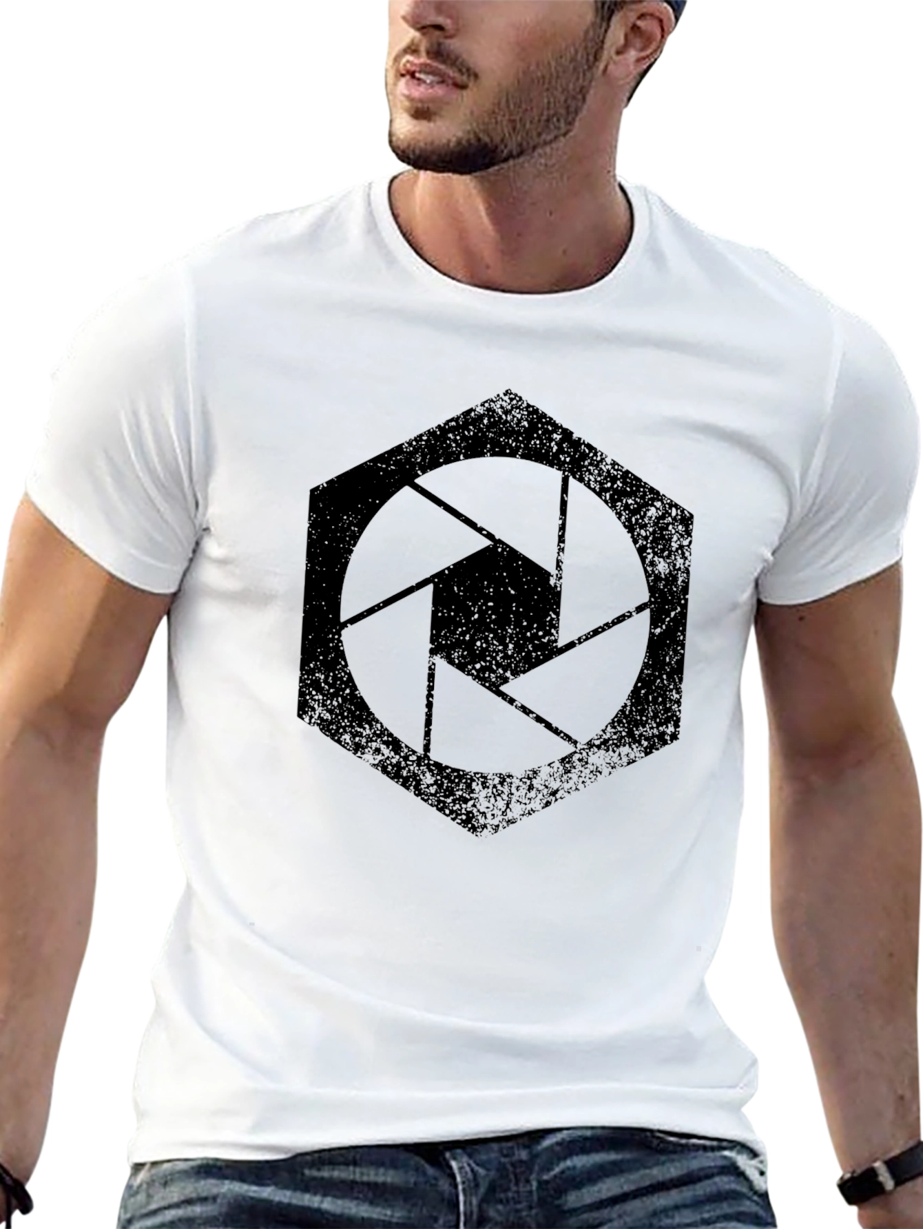 Hexagon Camera Aperture Graphic Tee - Black Cotton Shirt
