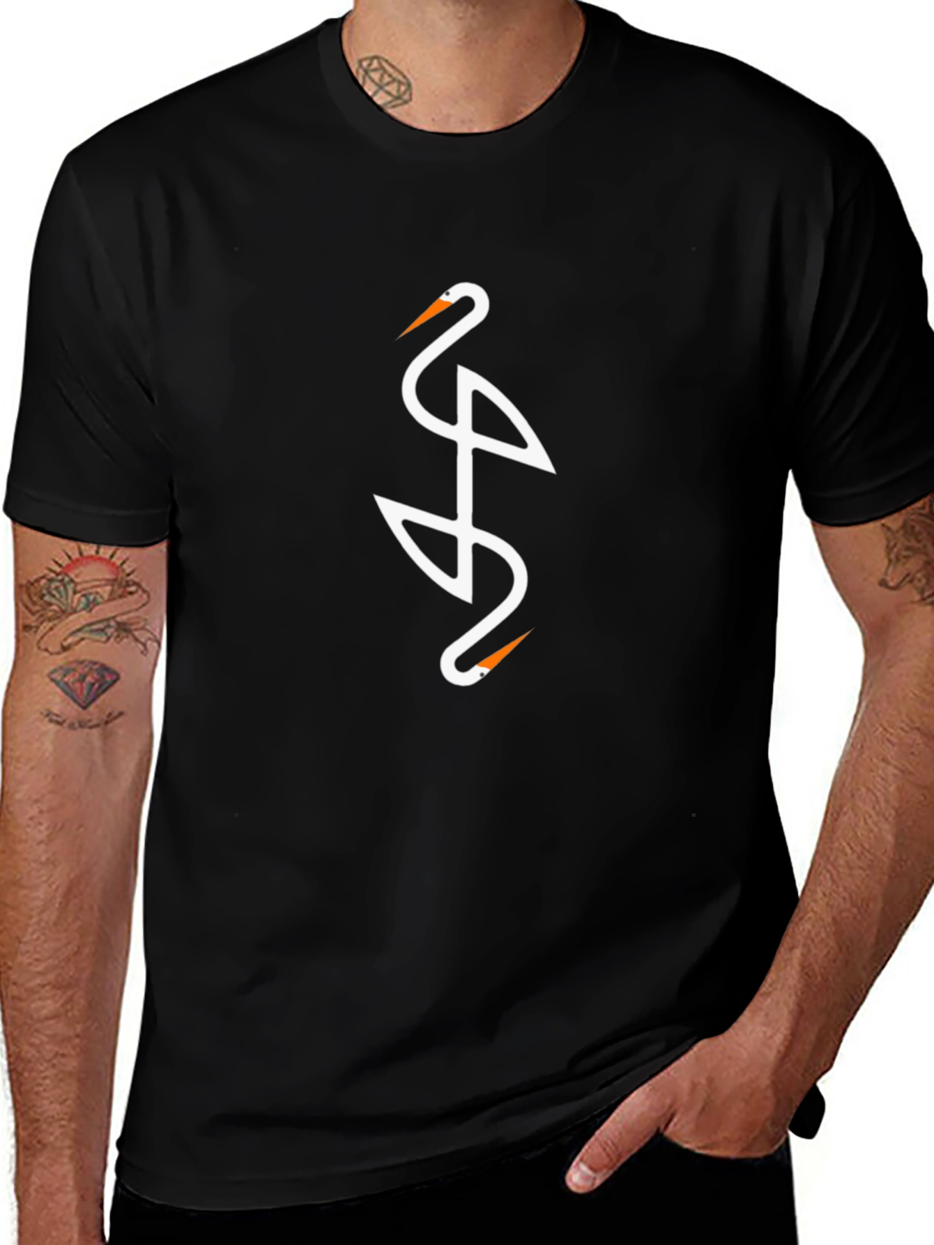 Elegant Crane Design Black T-Shirt