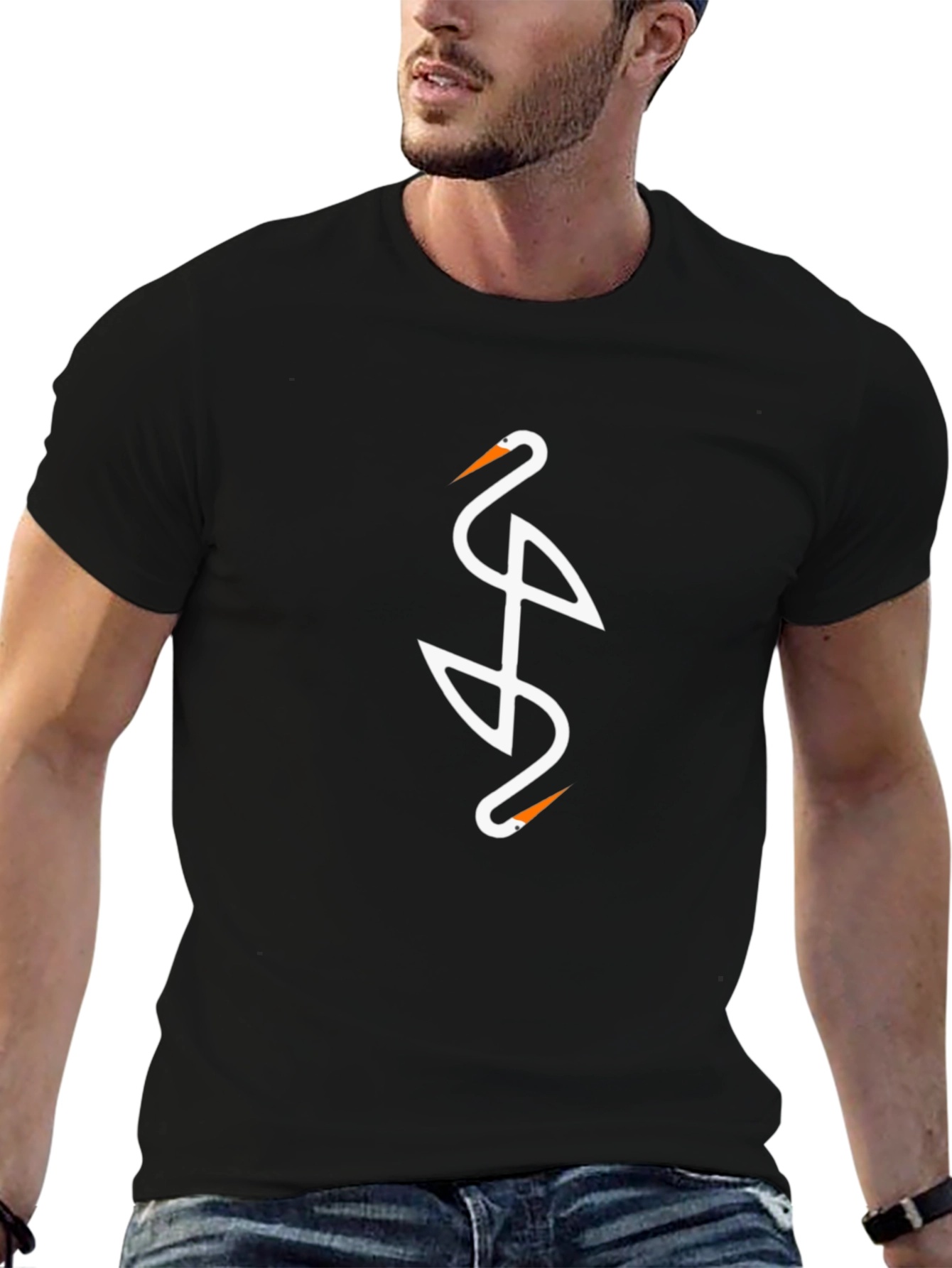 Elegant Crane Design Black T-Shirt