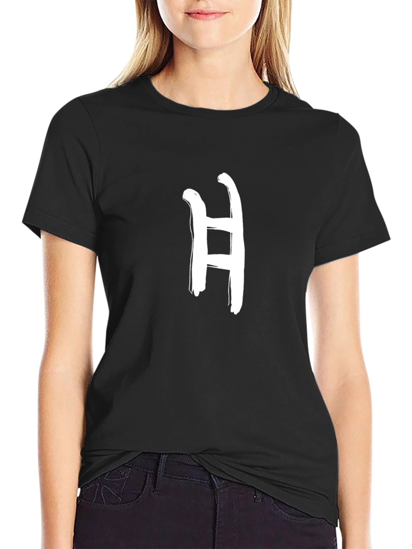 Mens Black T-Shirt with Letter H Graphic Print
