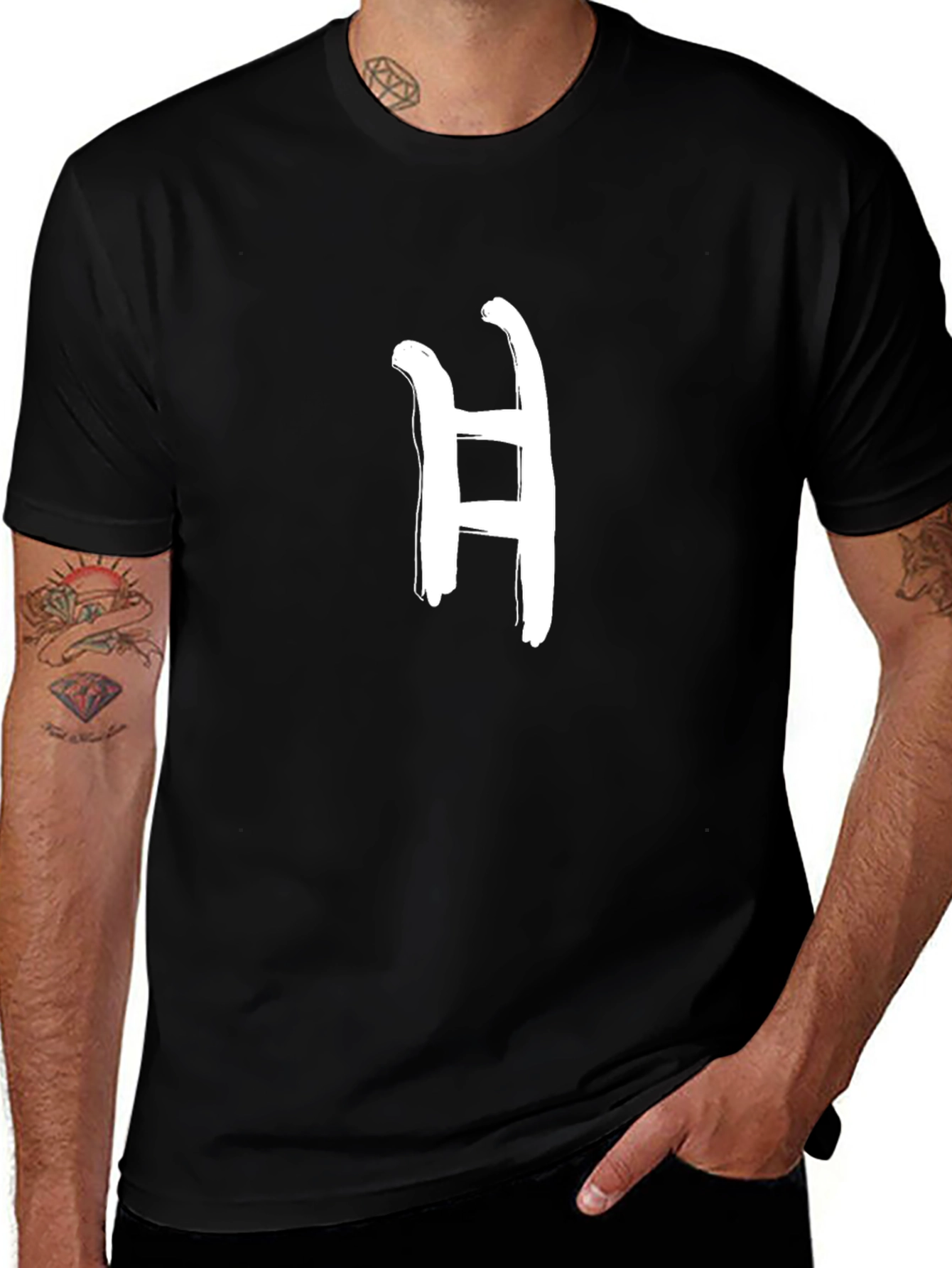Mens Black T-Shirt with Letter H Graphic Print
