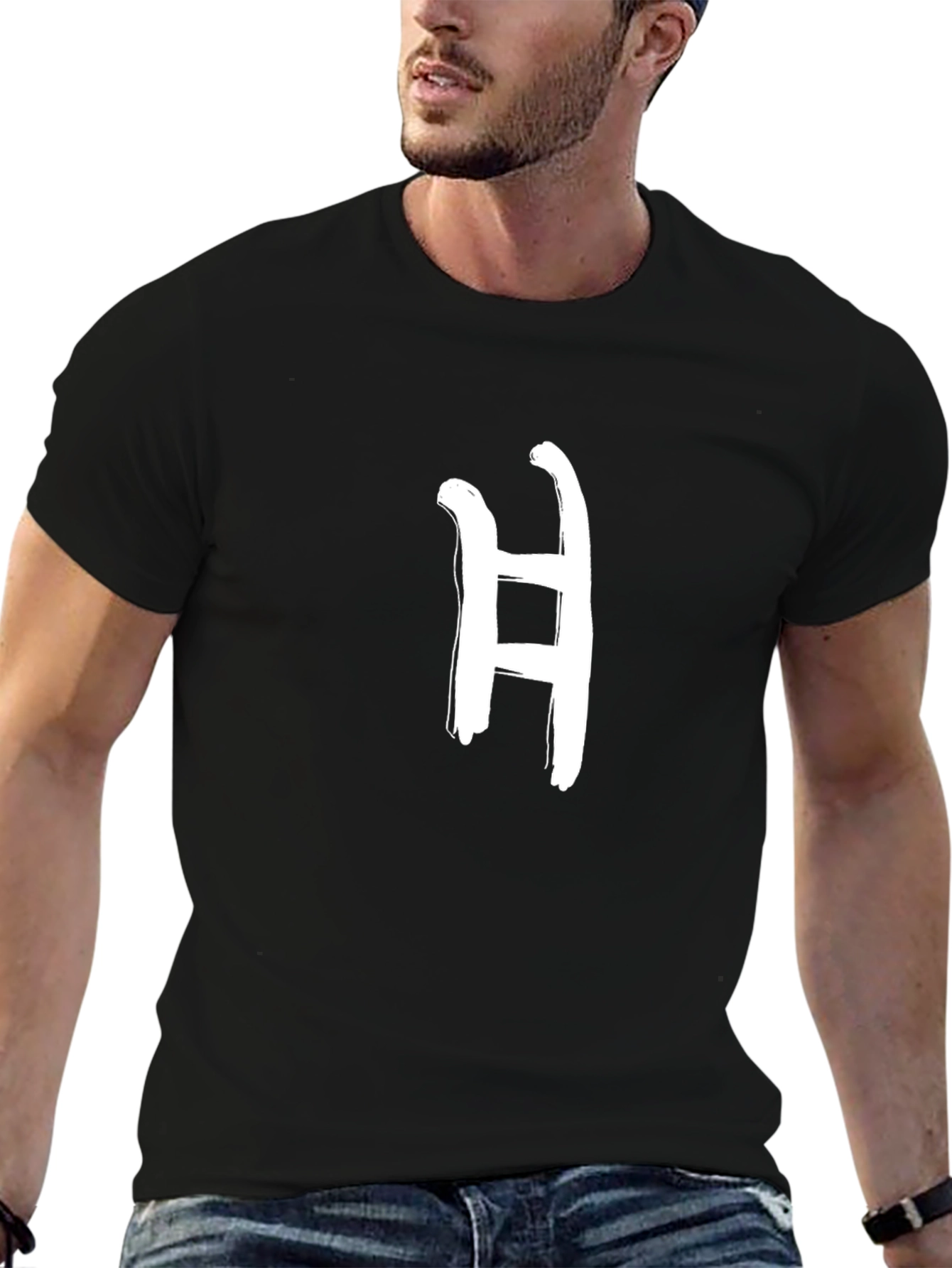 Mens Black T-Shirt with Letter H Graphic Print