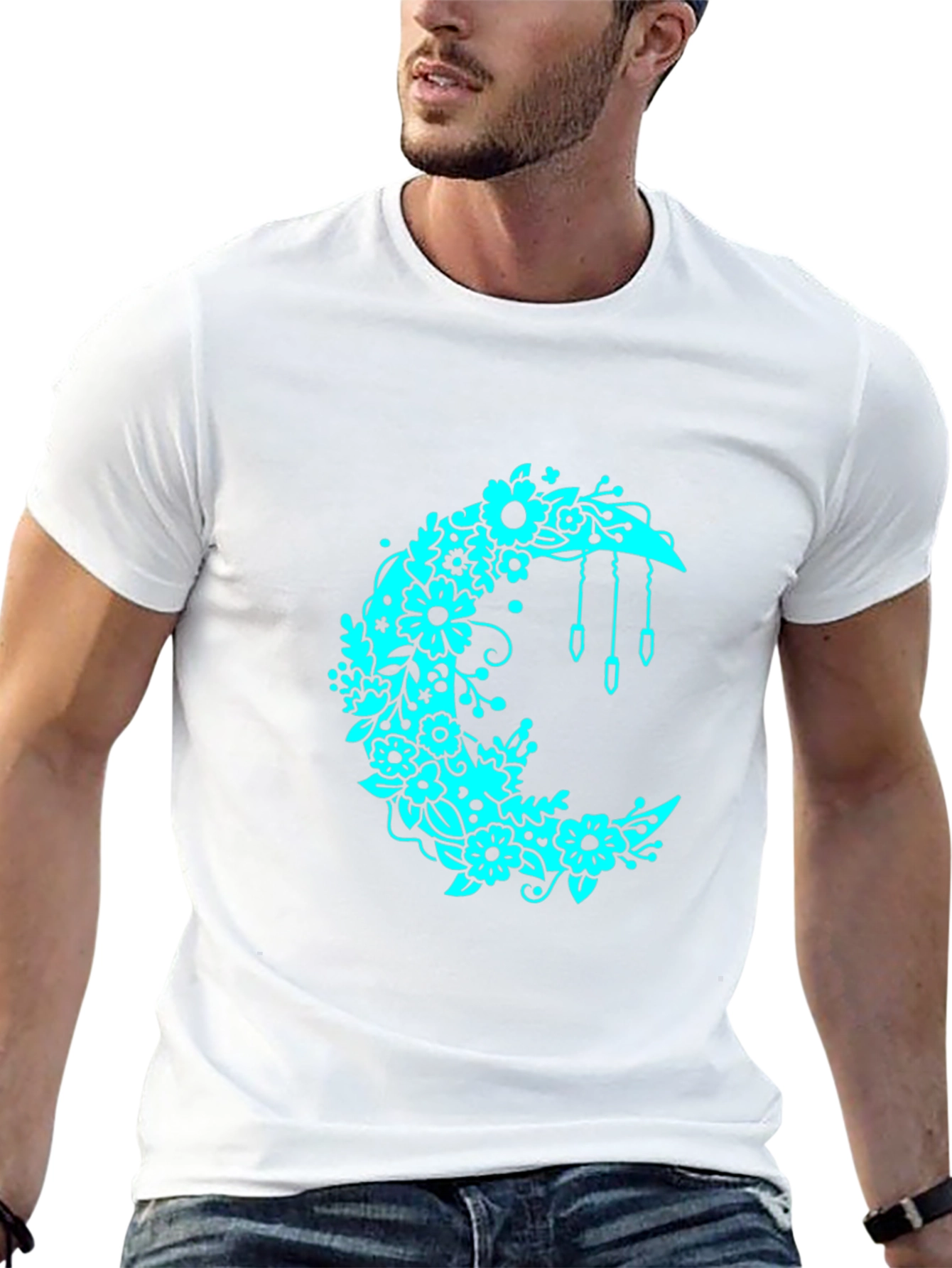 Floral Crescent Moon Black T-Shirt