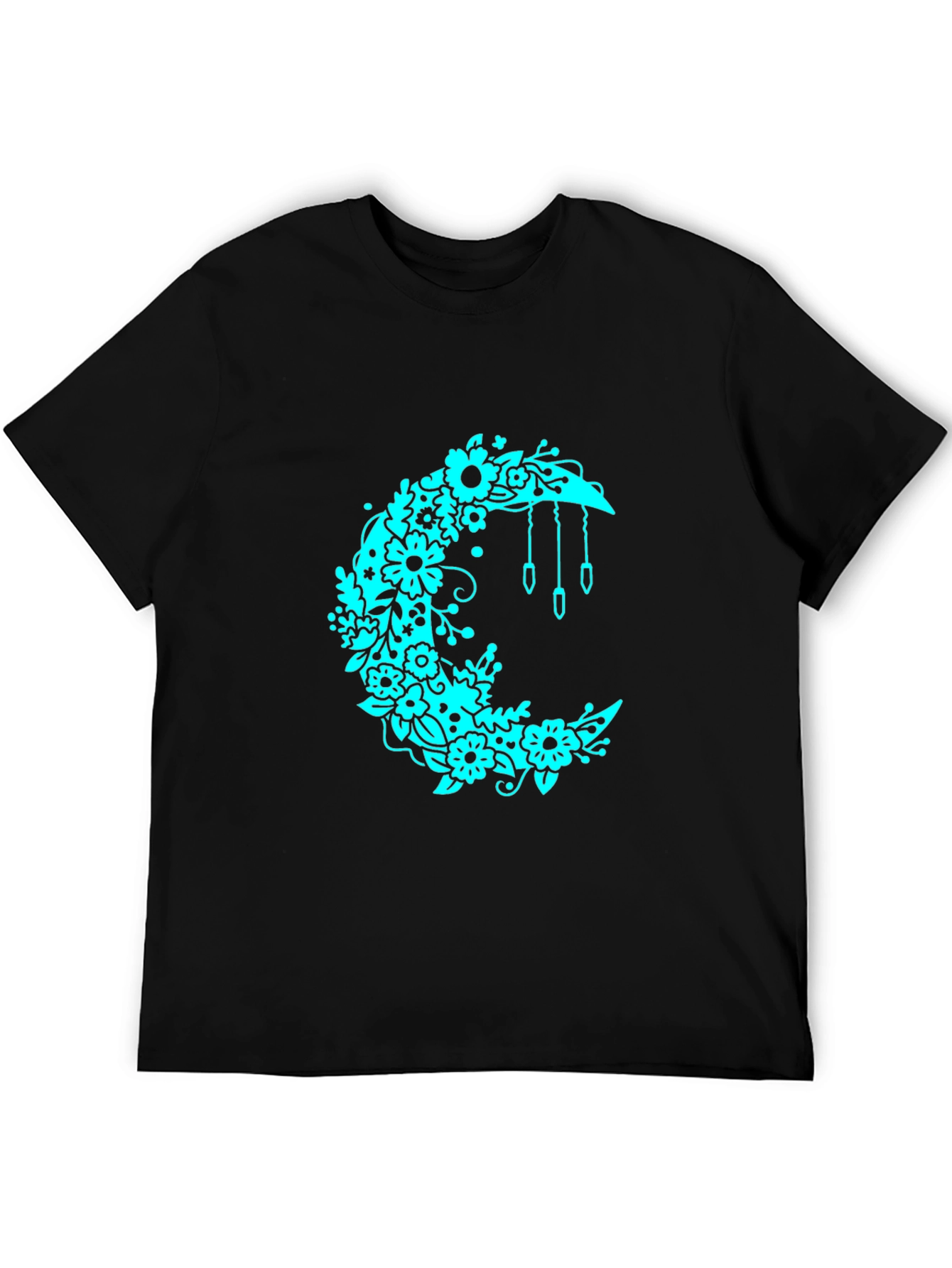 Floral Crescent Moon Black T-Shirt