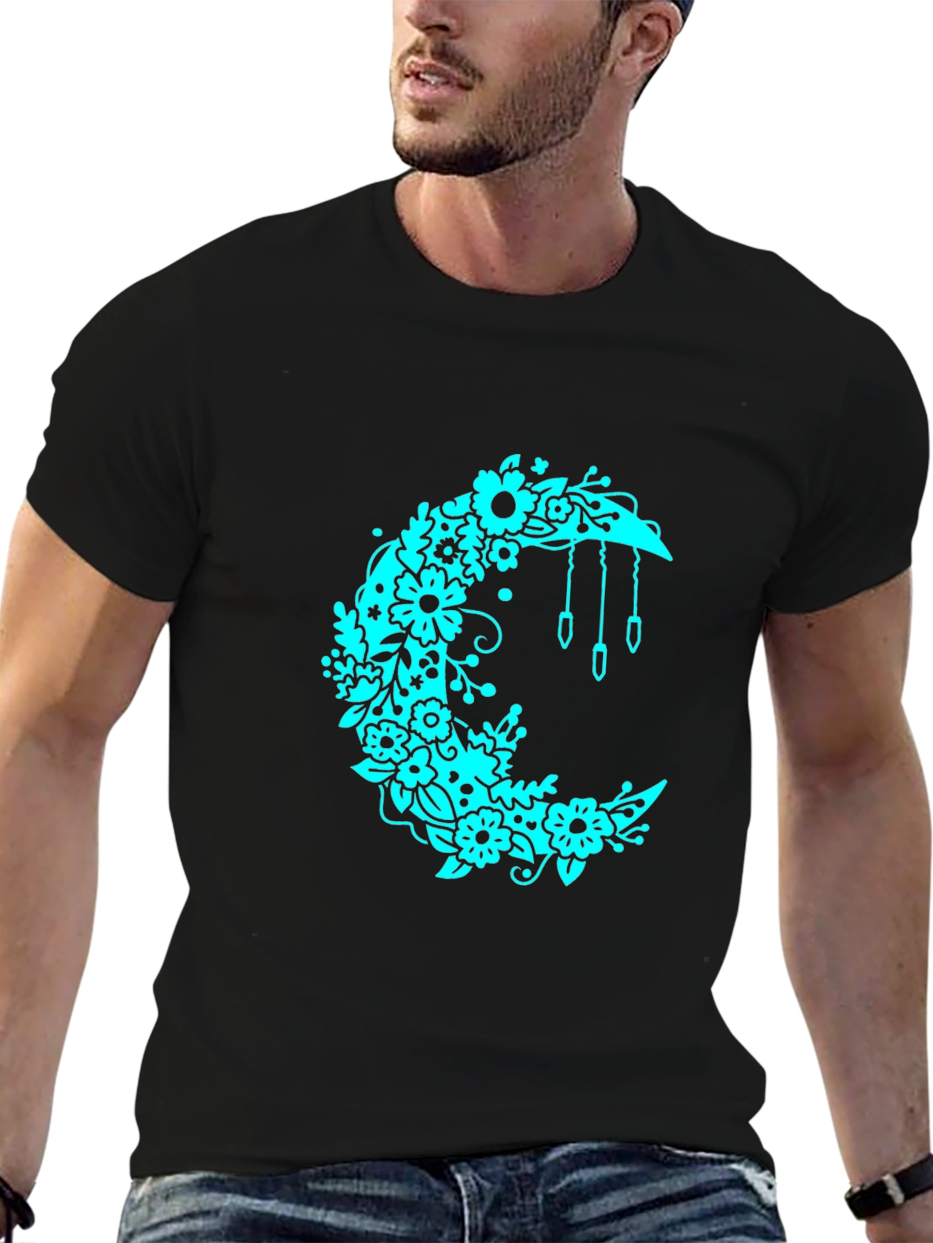 Floral Crescent Moon Black T-Shirt