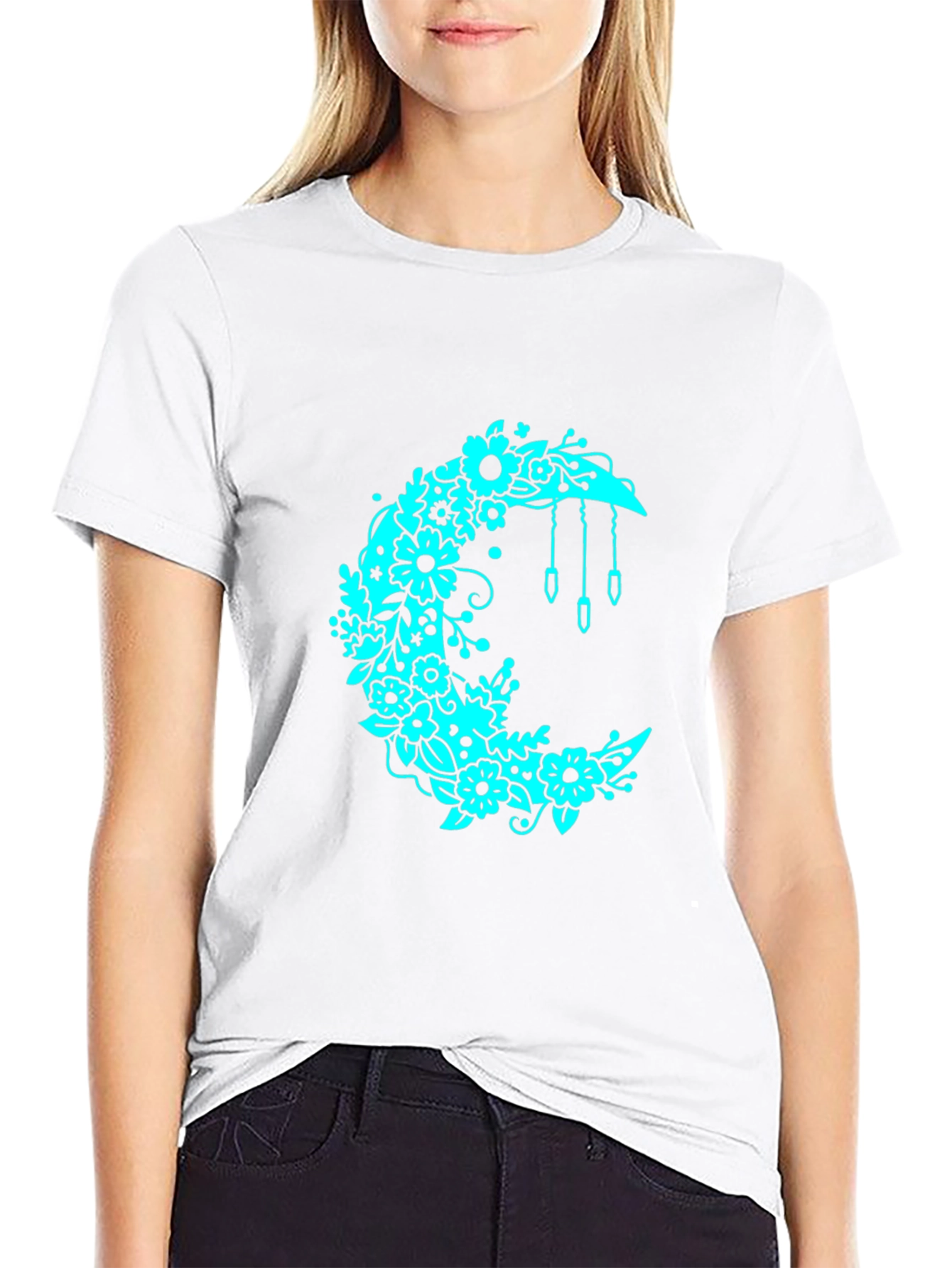 Floral Crescent Moon Black T-Shirt