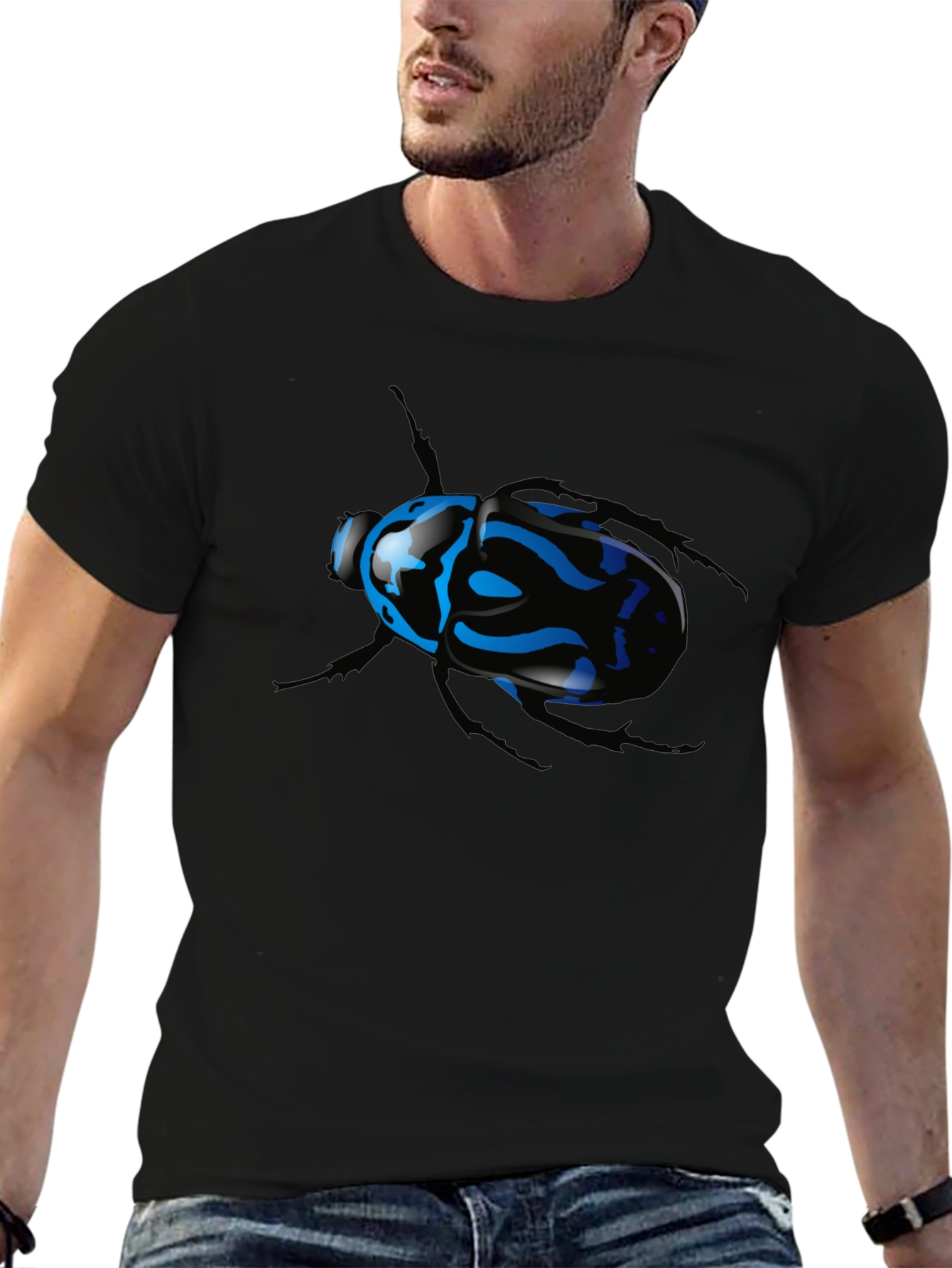 Black T-Shirt with Blue Beetle Graphic