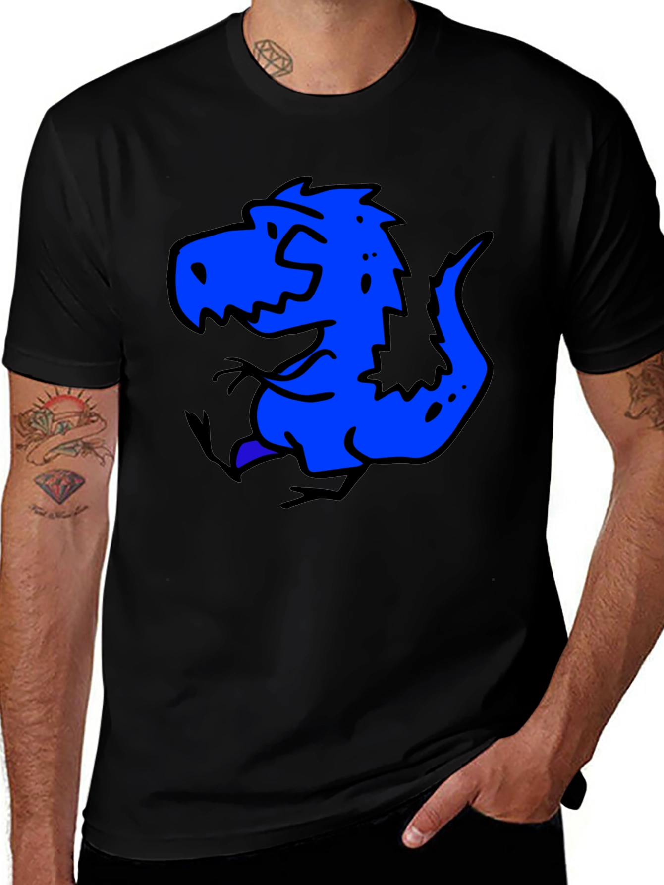 Blue Dino Graphic Black T-Shirt - Casual Wear