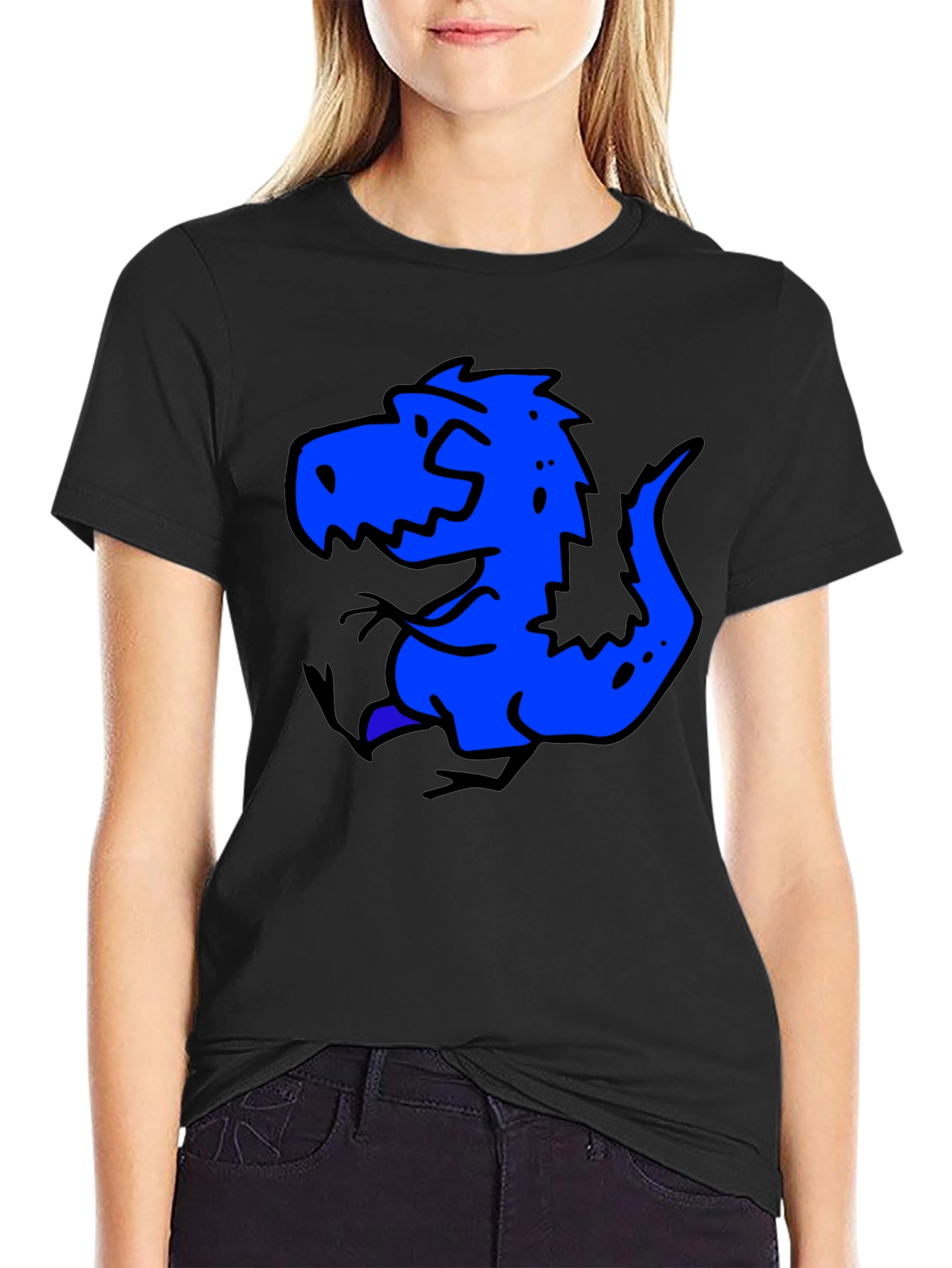 Blue Dino Graphic Black T-Shirt - Casual Wear