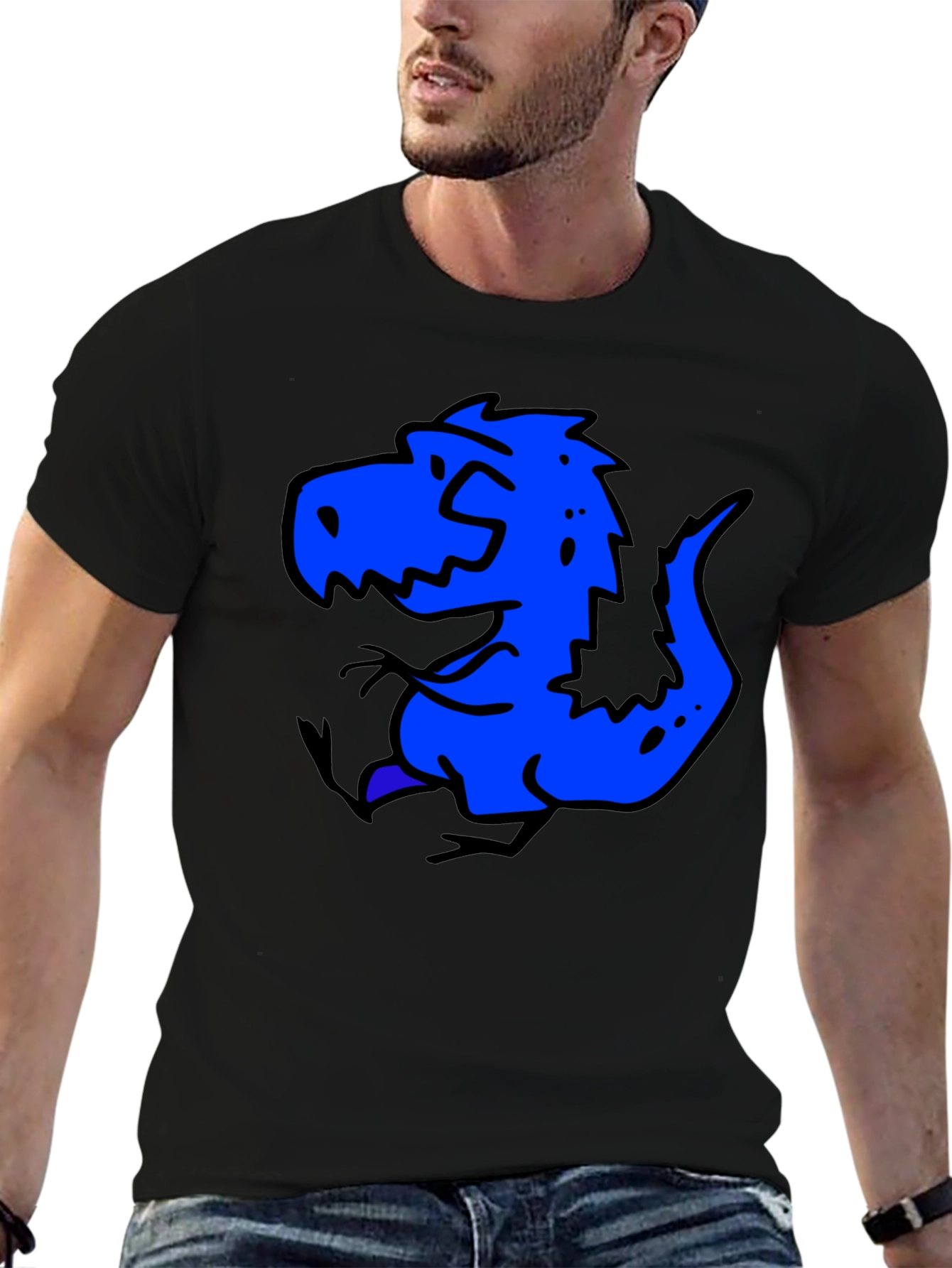 Blue Dino Graphic Black T-Shirt - Casual Wear