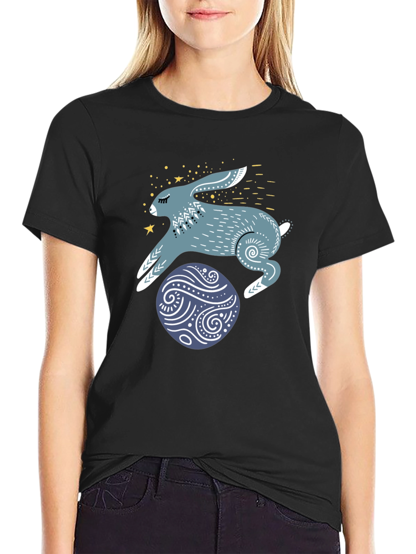 Rabbit & Egg Graphic Tee - Black Cotton T-Shirt