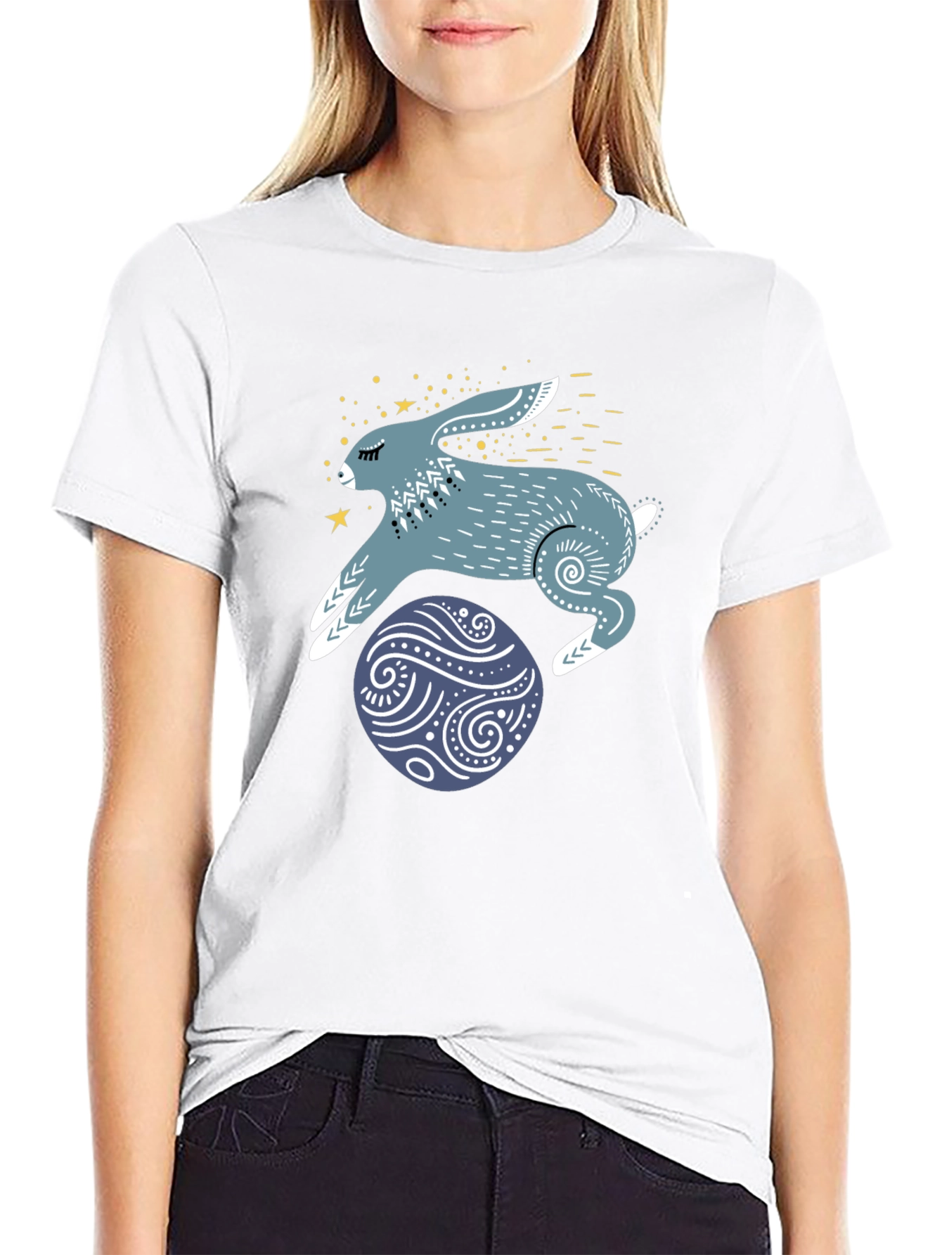 Rabbit & Egg Graphic Tee - Black Cotton T-Shirt