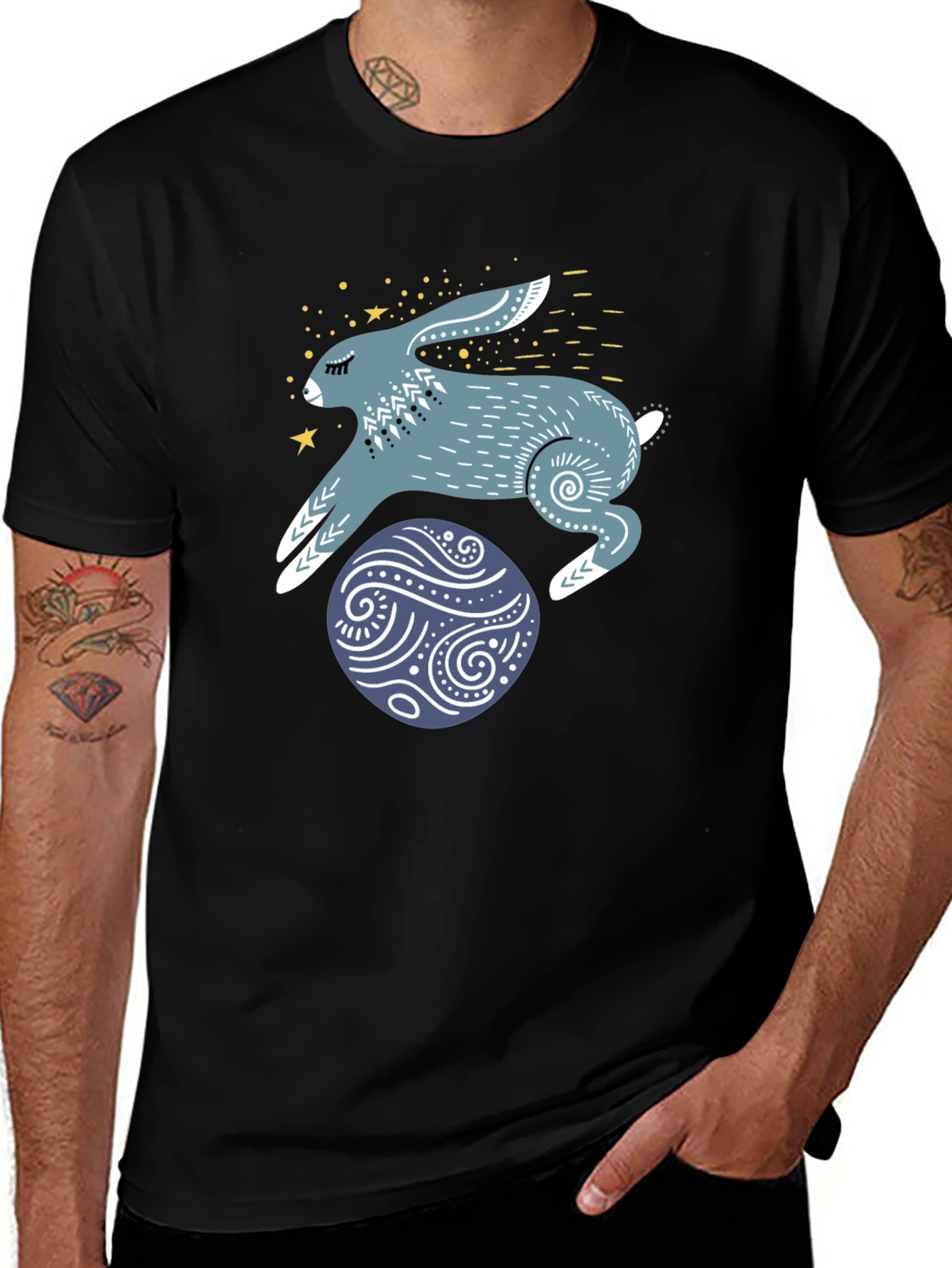 Rabbit & Egg Graphic Tee - Black Cotton T-Shirt