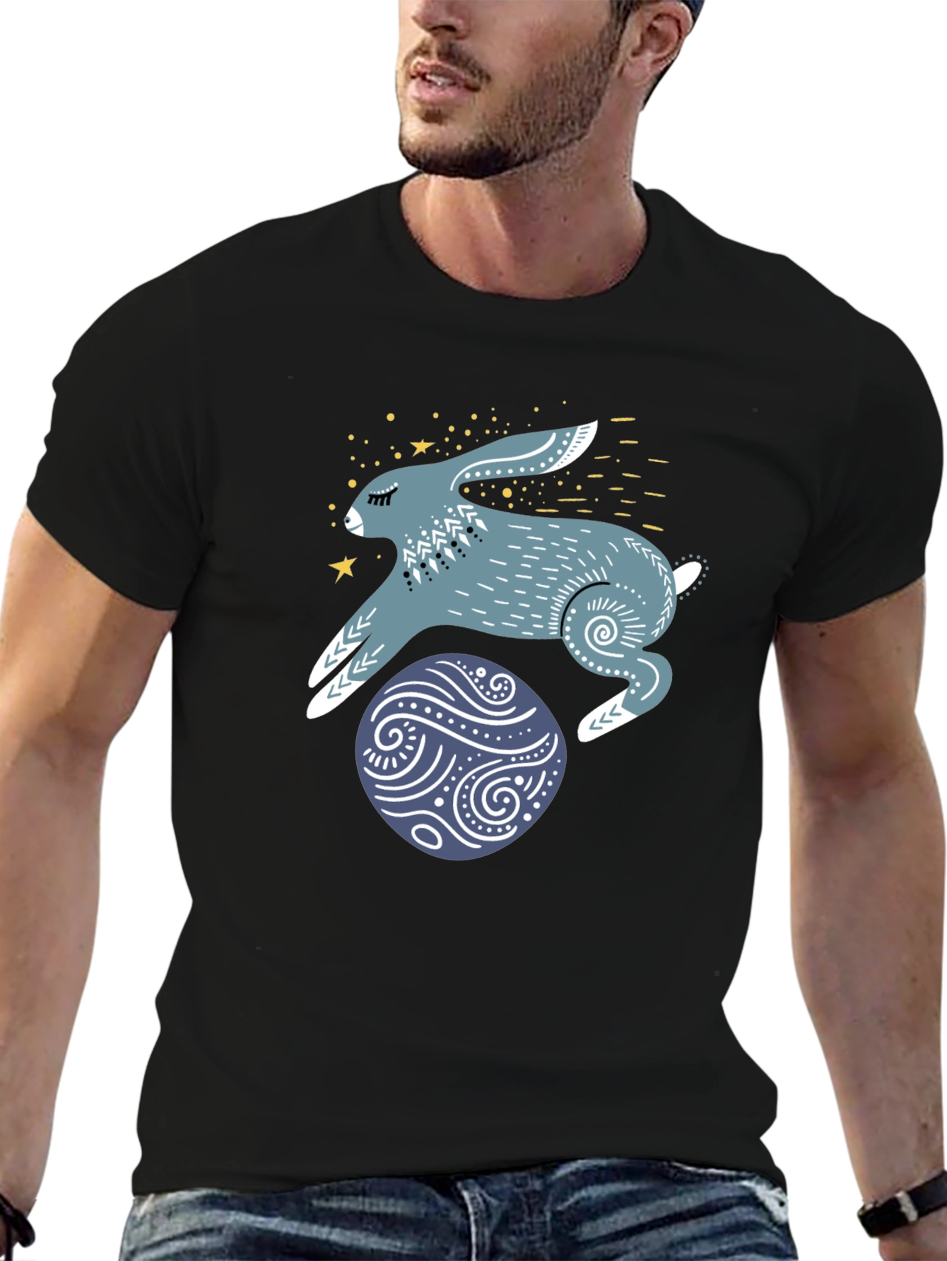 Rabbit & Egg Graphic Tee - Black Cotton T-Shirt