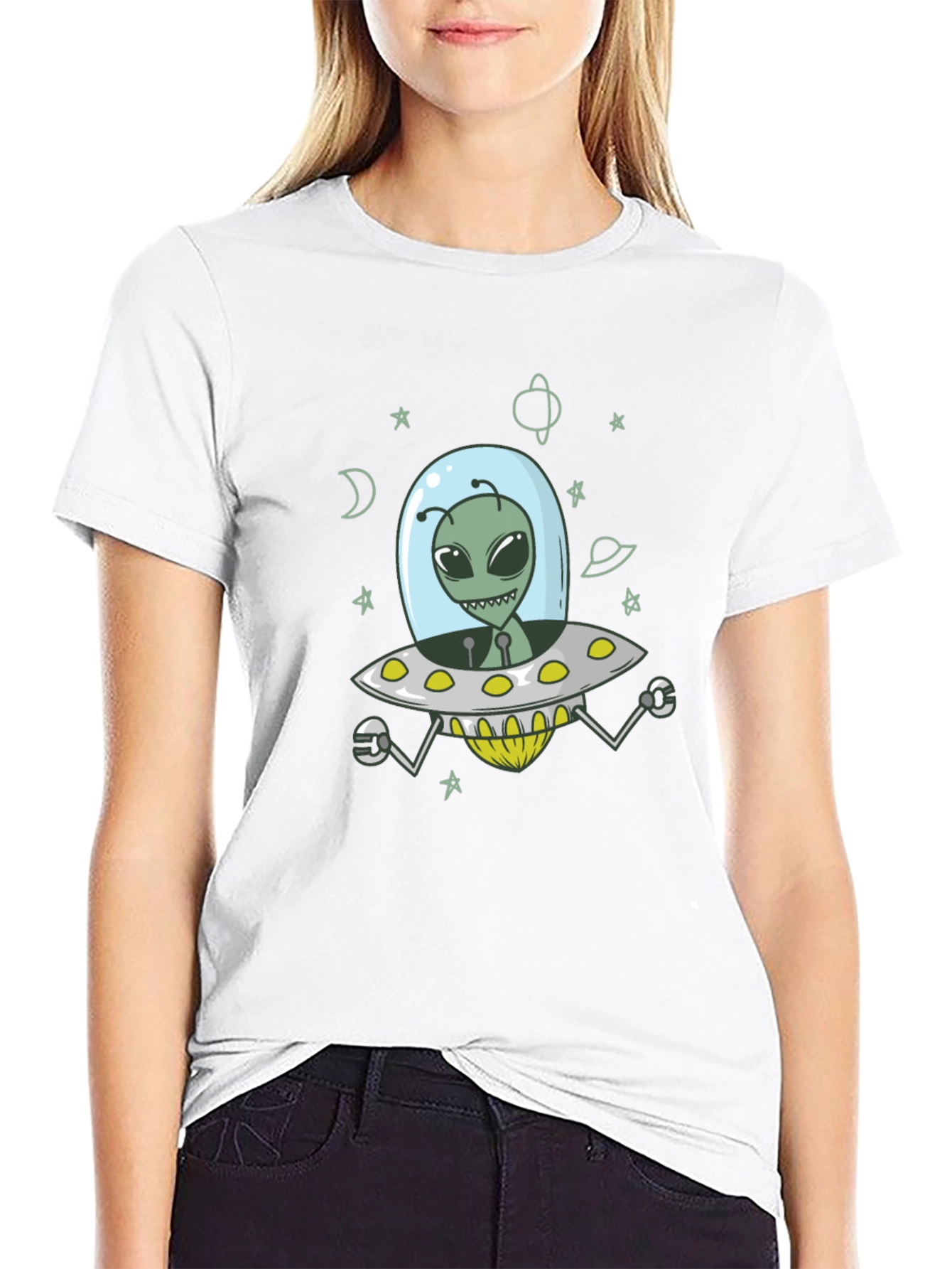 Alien UFO Graphic Tee - Black Cotton T-Shirt
