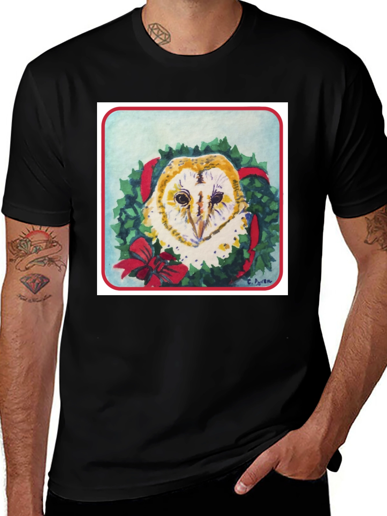Festive Owl Wreath T-Shirt - Holiday Apparel