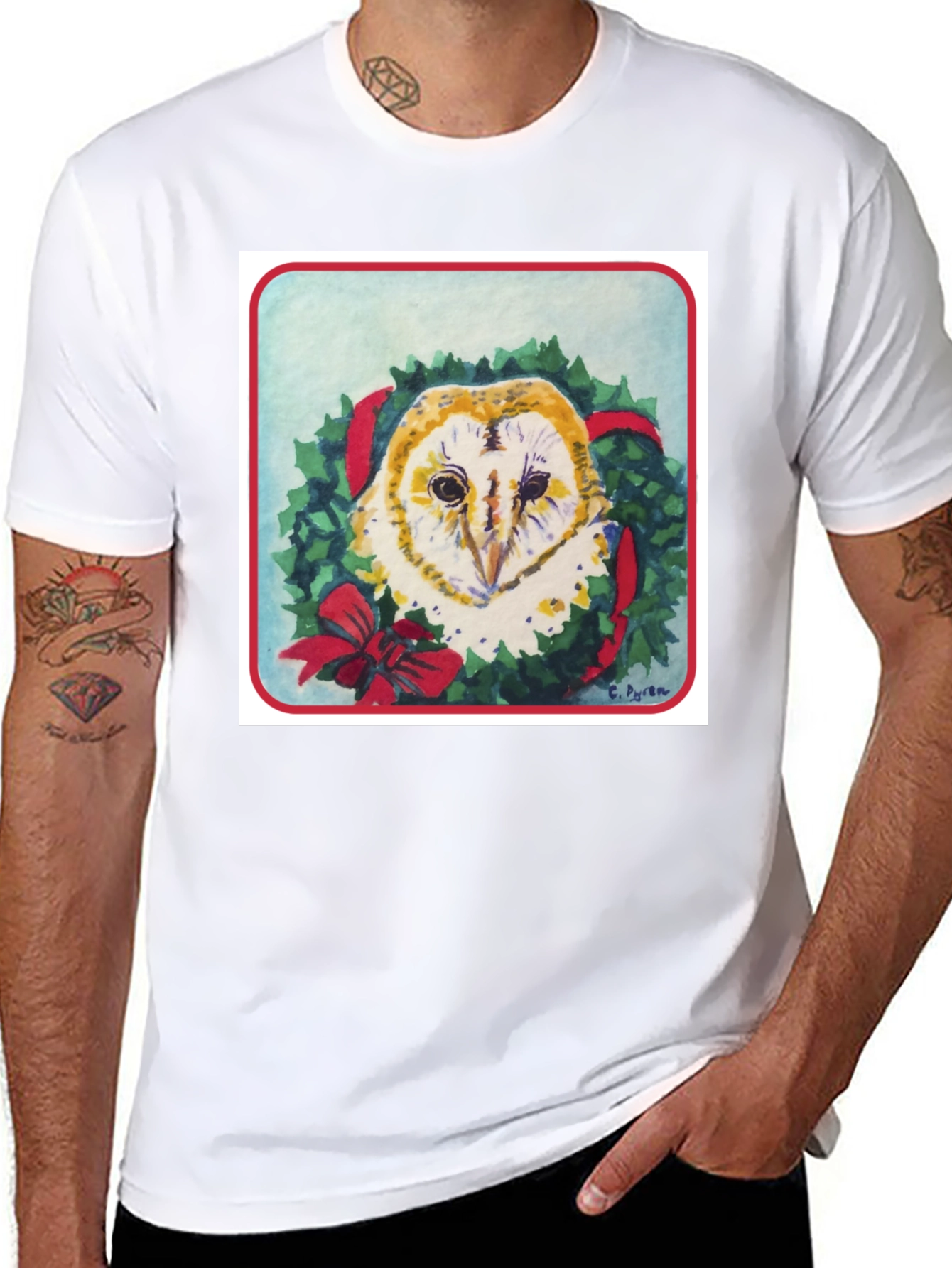 Festive Owl Wreath T-Shirt - Holiday Apparel