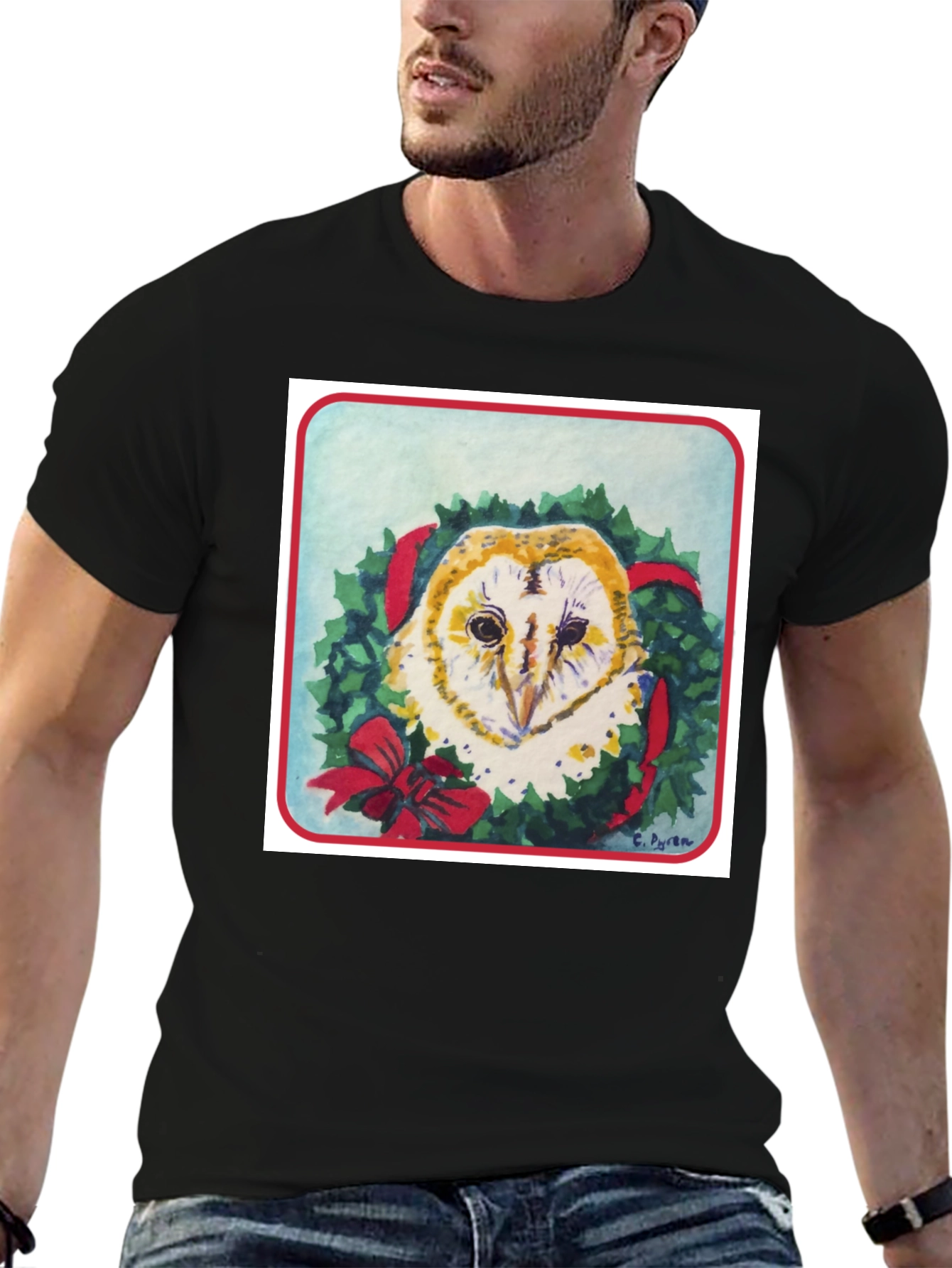 Festive Owl Wreath T-Shirt - Holiday Apparel