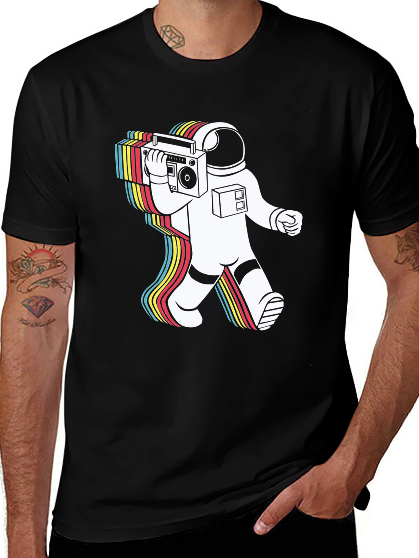 Retro Astronaut Boombox Graphic Tee - Black