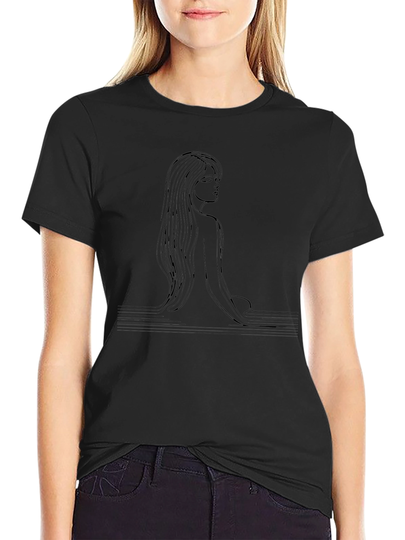 Minimalist Woman Line Art Black T-Shirt