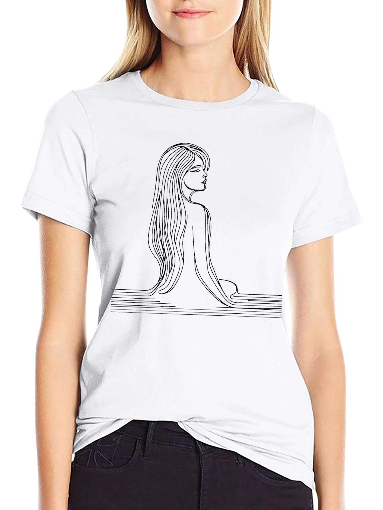 Minimalist Woman Line Art Black T-Shirt