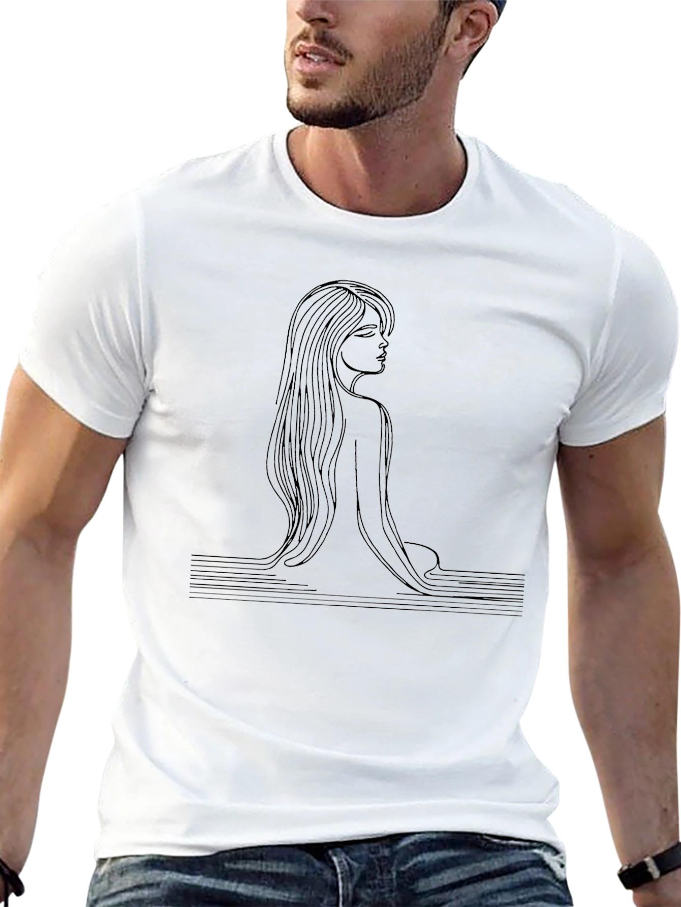 Minimalist Woman Line Art Black T-Shirt