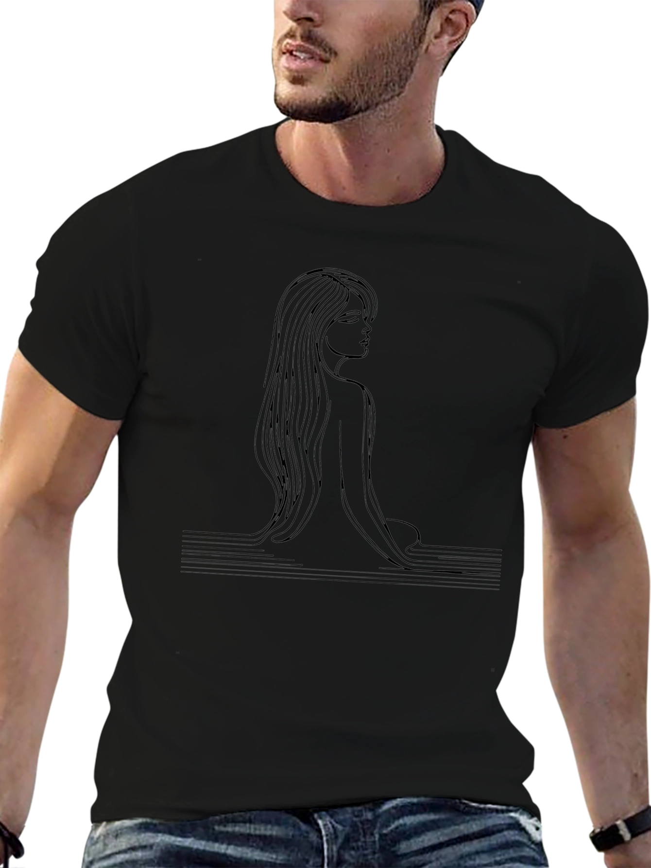 Minimalist Woman Line Art Black T-Shirt