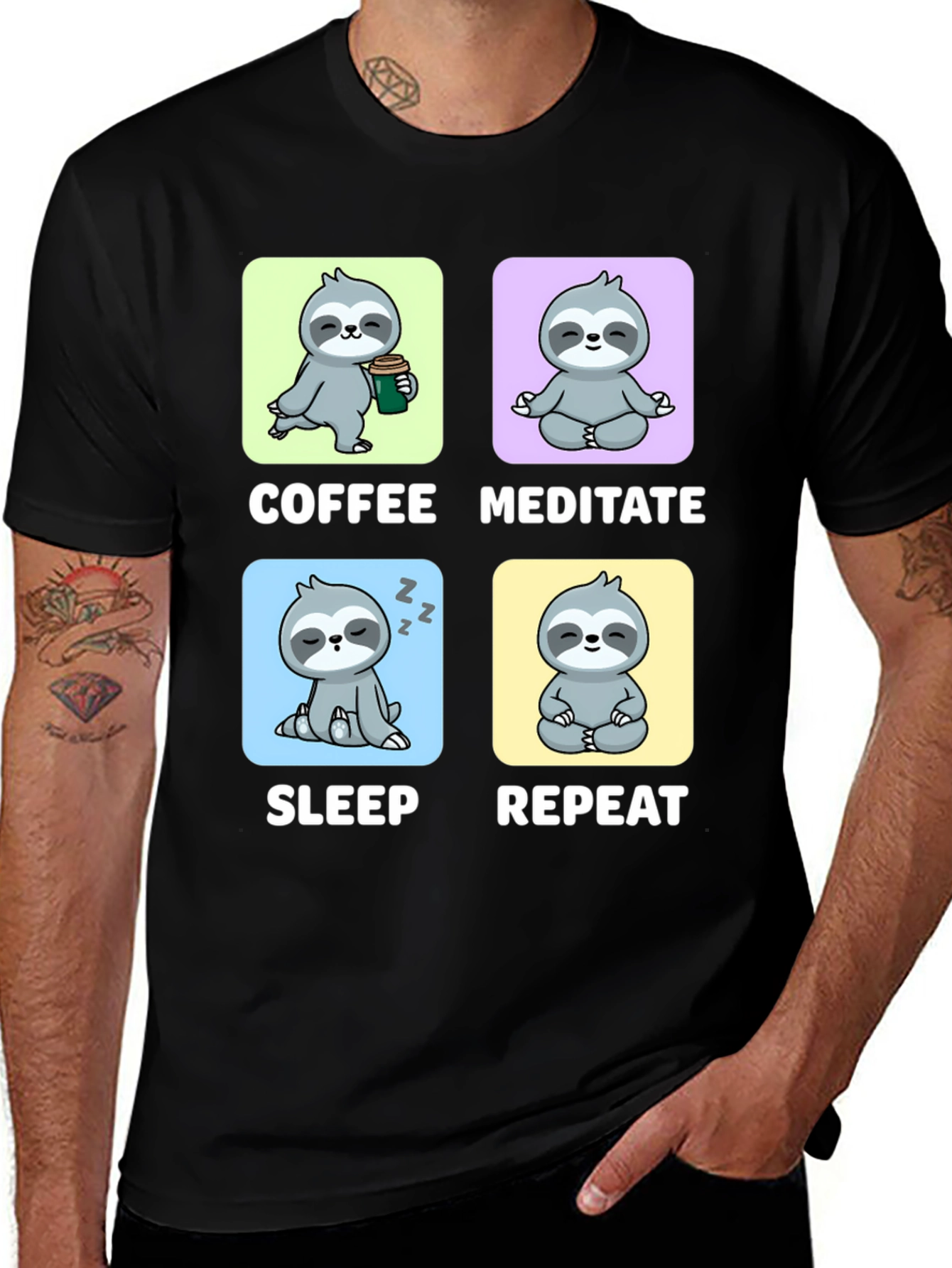 Sloth Coffee Meditate Sleep Repeat Black Graphic Tee
